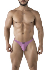 Purple microfiber thong bikini in blackberry color with a small black xtremen brand tag at the center waistband