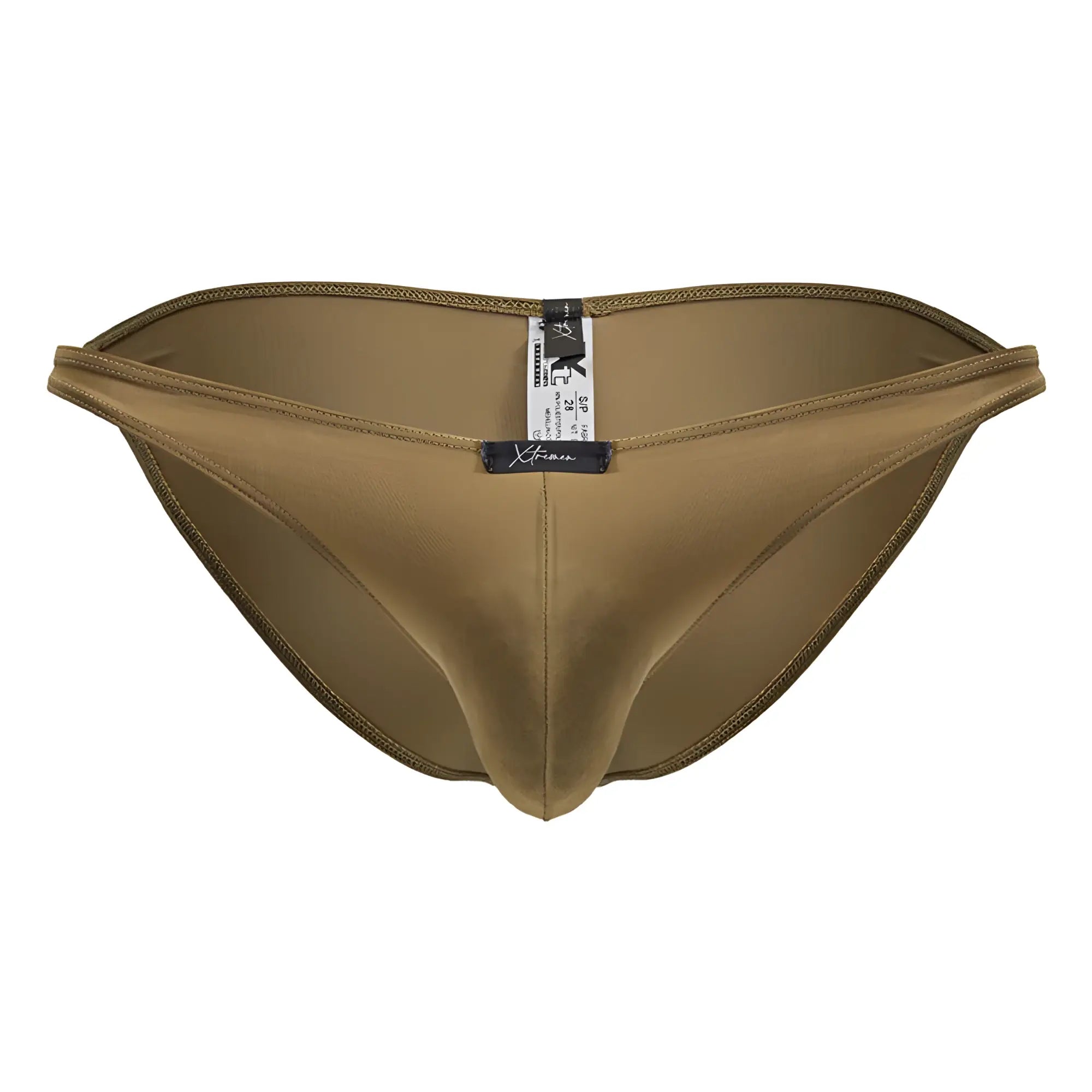 Tan-colored xtremen 91239 microfiber bikini with smooth stretchy fabric and subtle edge stitching, front view swim trunks