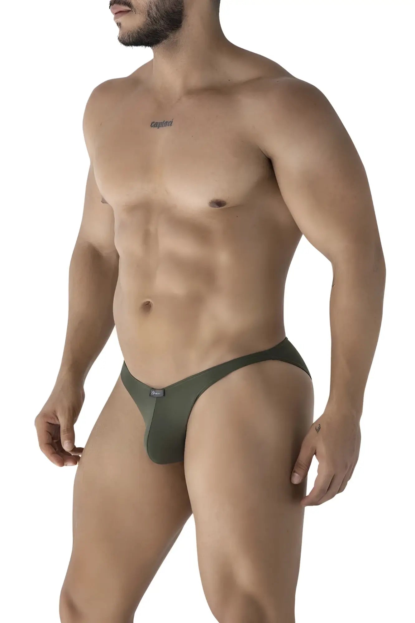 Olive green men’s thong microfiber bikini with a small black xtremen brand tag on the waistband front side
