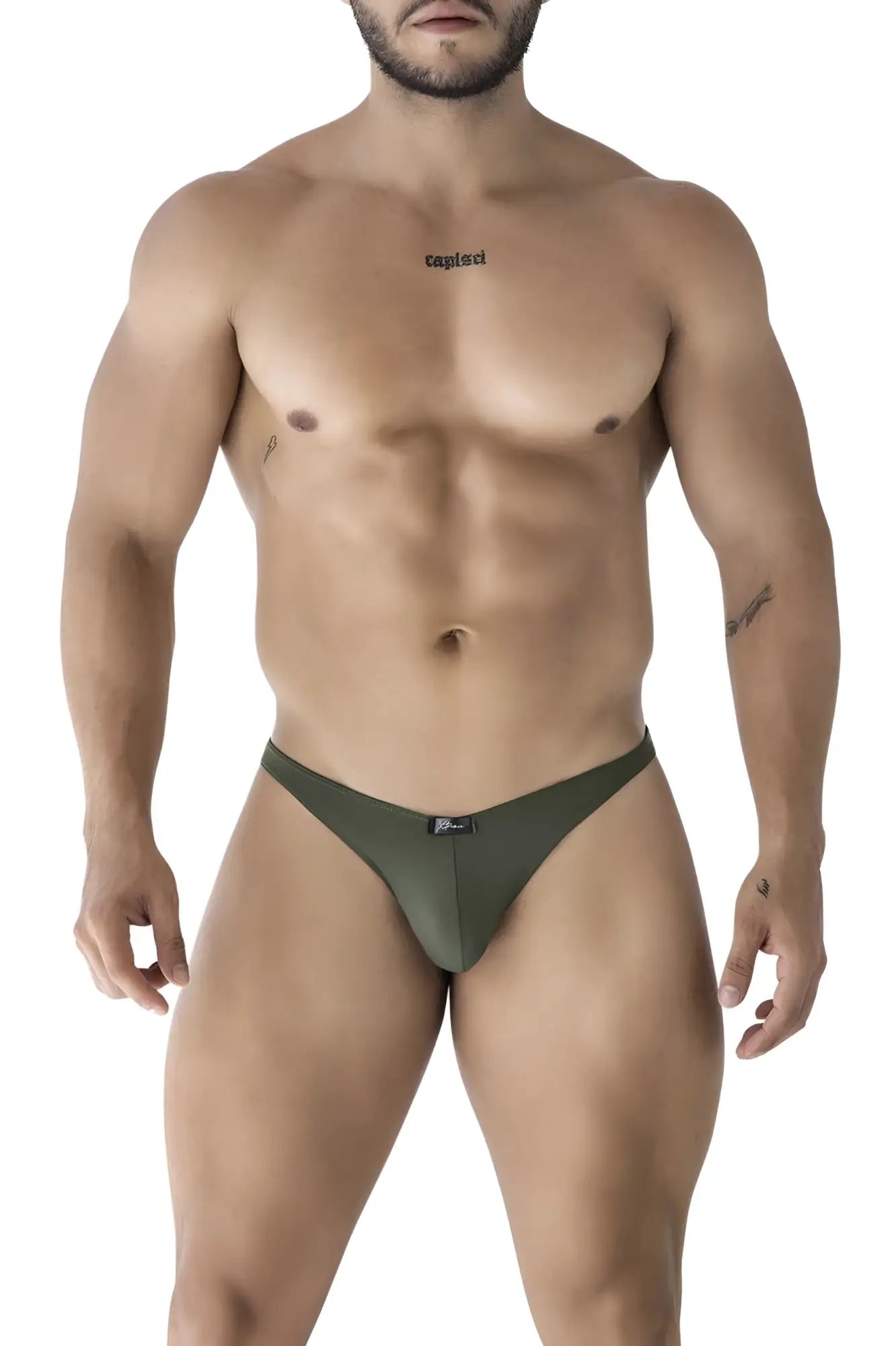 Olive green microfiber thong bikini with small black xtremen brand tag at the waistband front side view