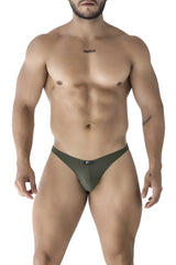 Olive green microfiber thong bikini with small black xtremen brand tag at the waistband front side view