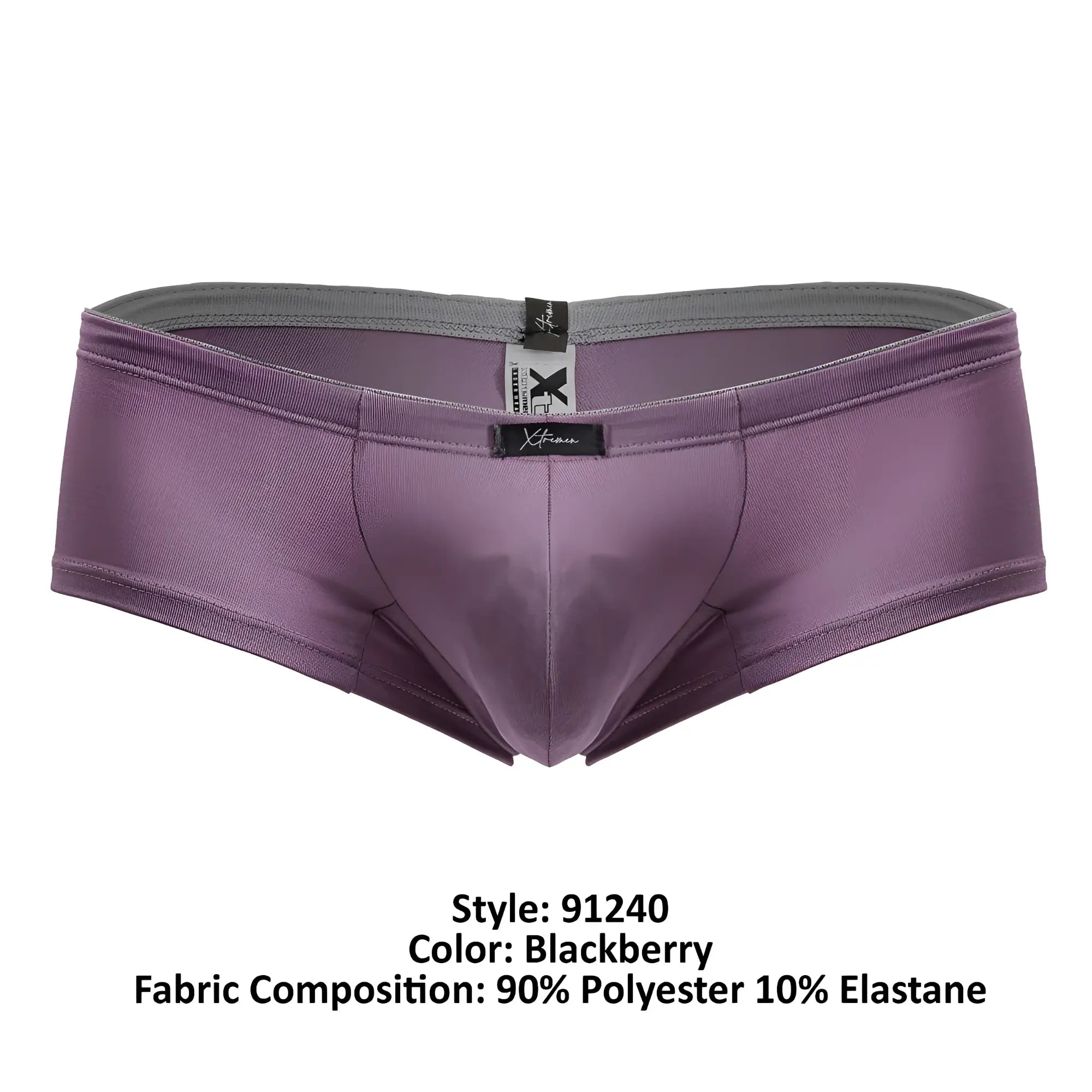 Purple xtremen 91240 microfiber trunks with gray waistband black brand tag made of 90 percent polyester 10 percent elastane