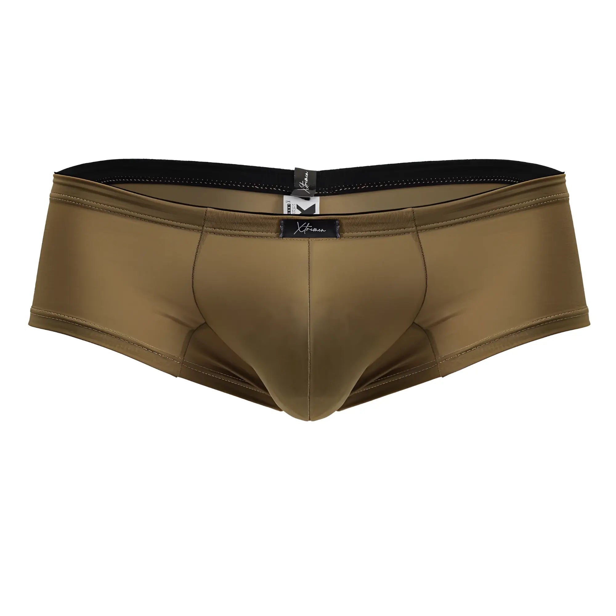 Xtremen 91240 microfiber olive green men’s swim trunks with black elastic waistband and brand tag