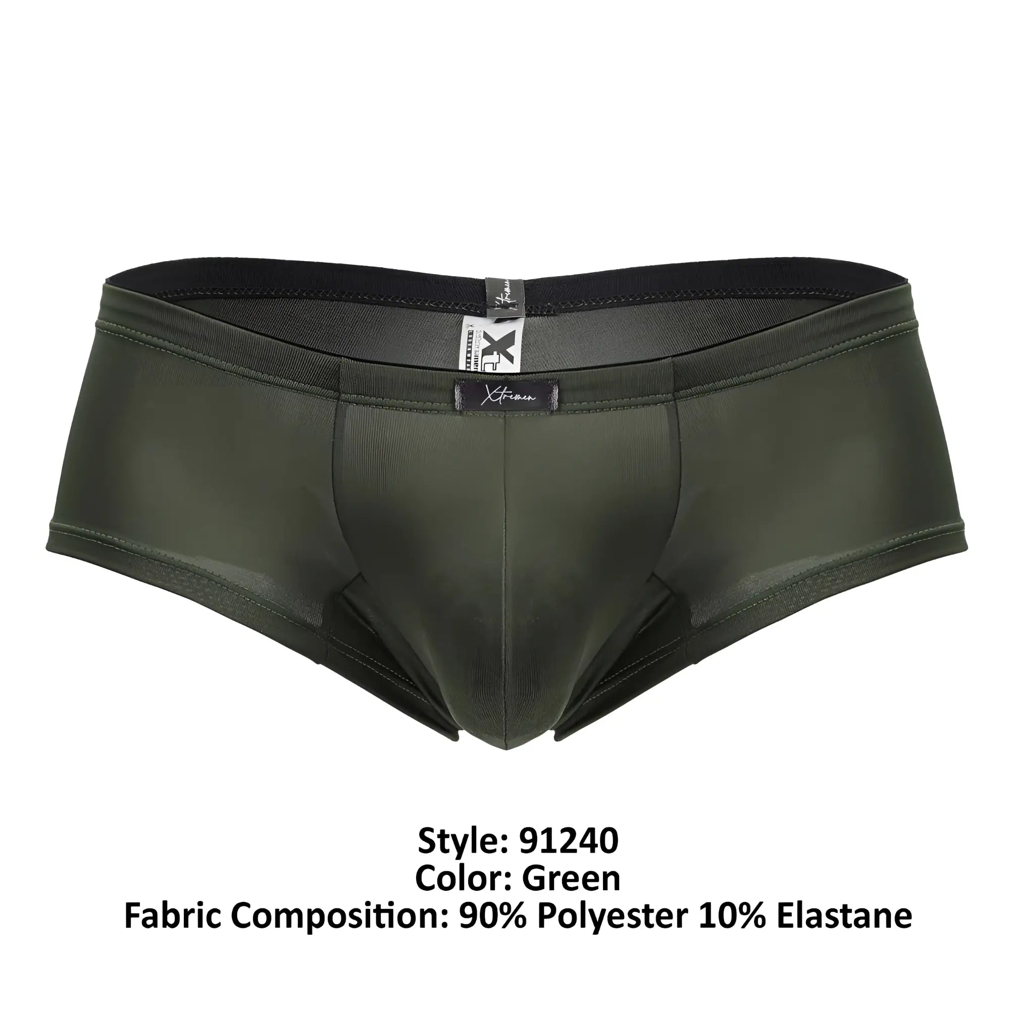 Dark green form-fitting Xtremen 91240 microfiber trunks with black waistband and subtle branding tags
