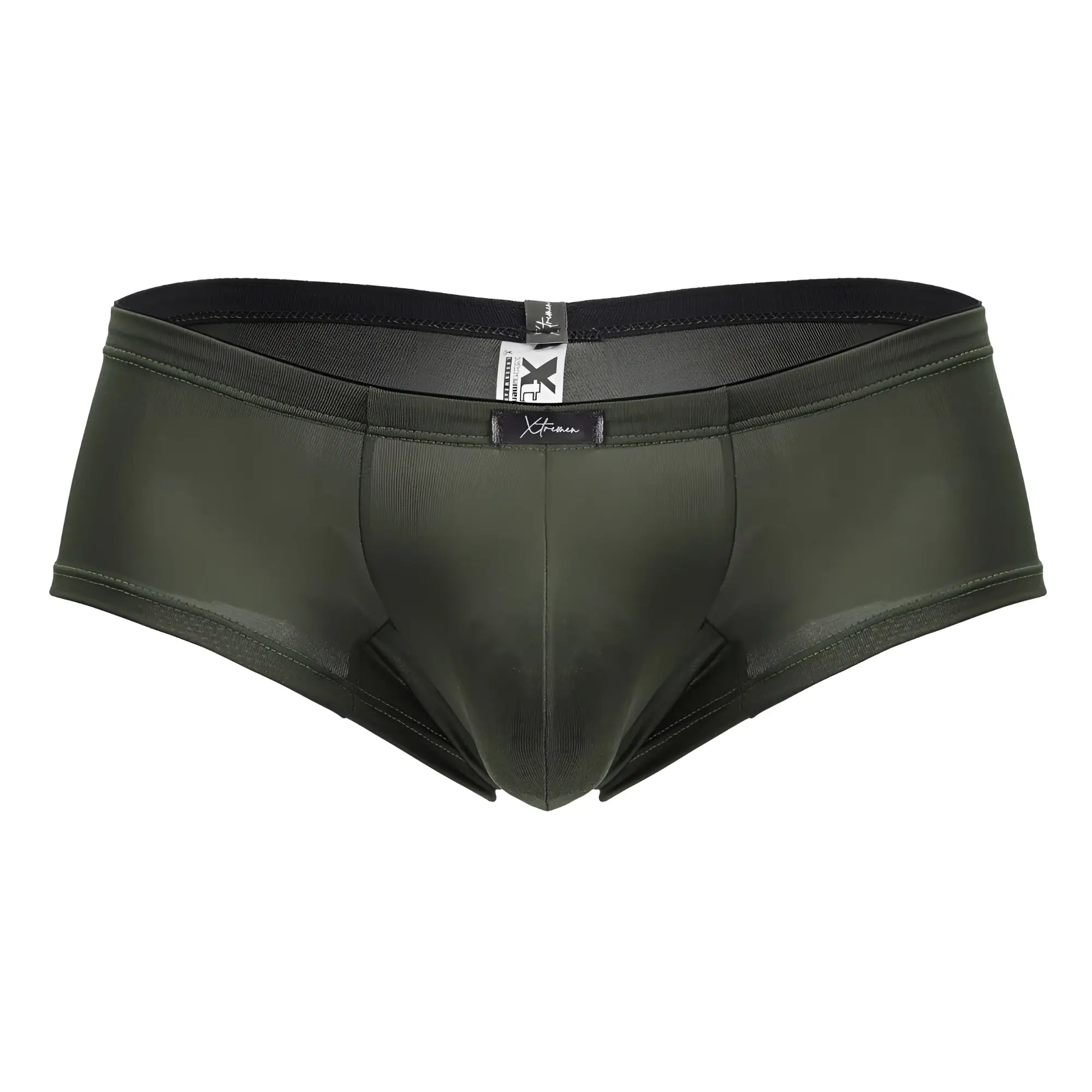 Dark olive green Xtremen 91240 microfiber trunks with smooth shiny fabric and black elastic waistband for men