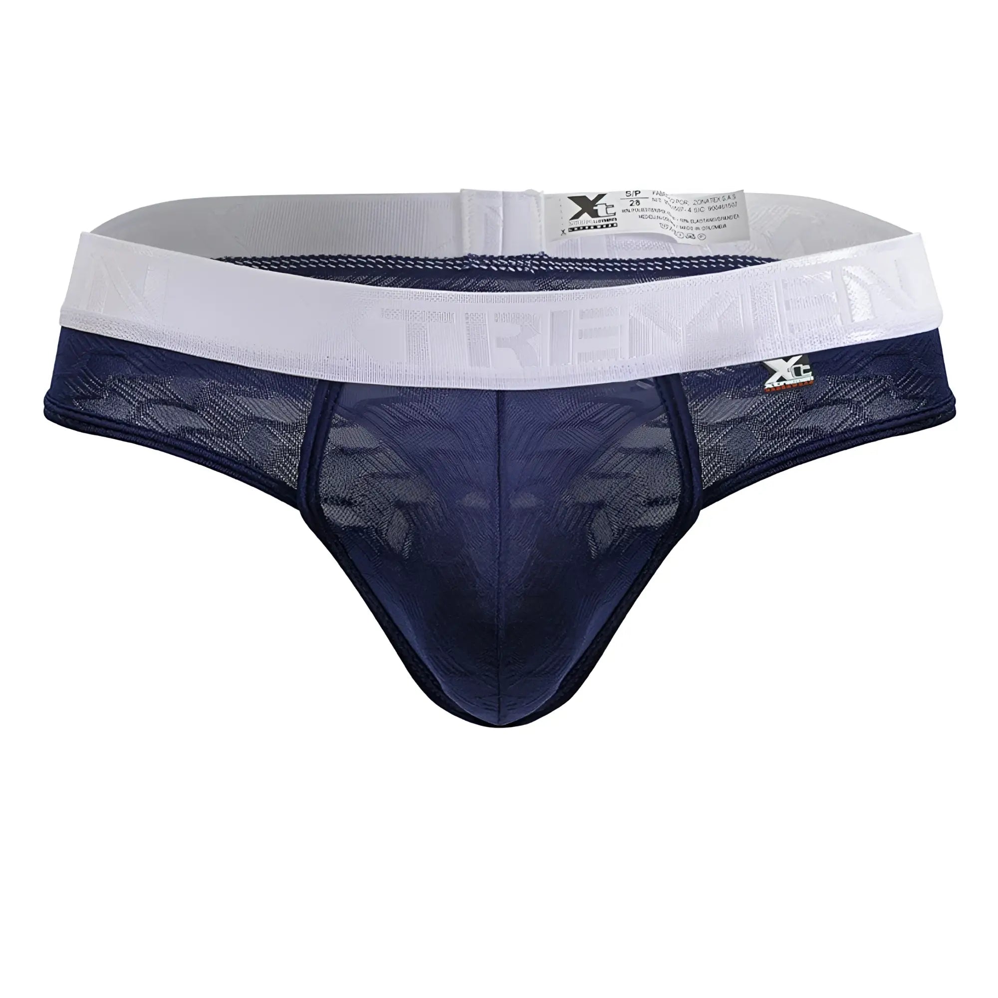 Navy blue lace thong with white elastic waistband and Xtremen branding in microfiber fabric dark blue color