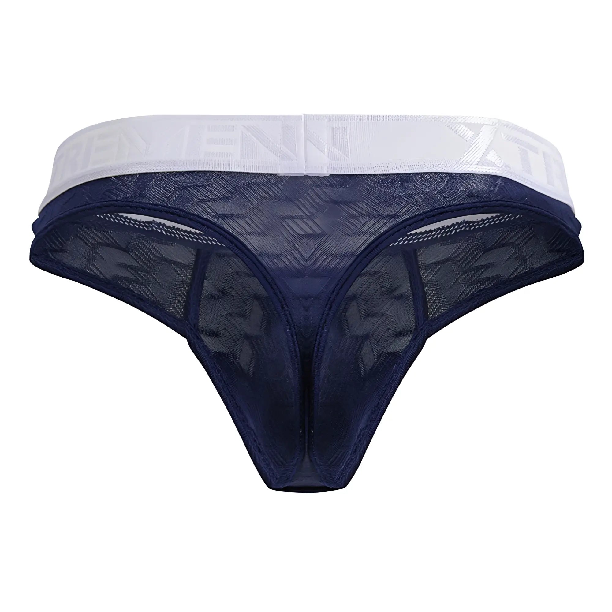 Navy blue microfiber lace thong with white elastic waistband featuring embossed lettering xtremen 91241 model