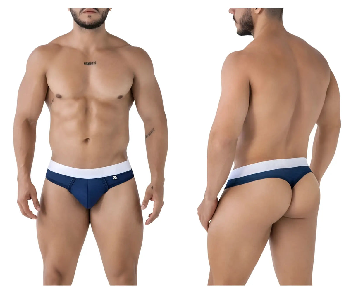 Navy blue and white snug fit microfiber briefs with a small logo on the waistband Xtremen 91241 thongs back view