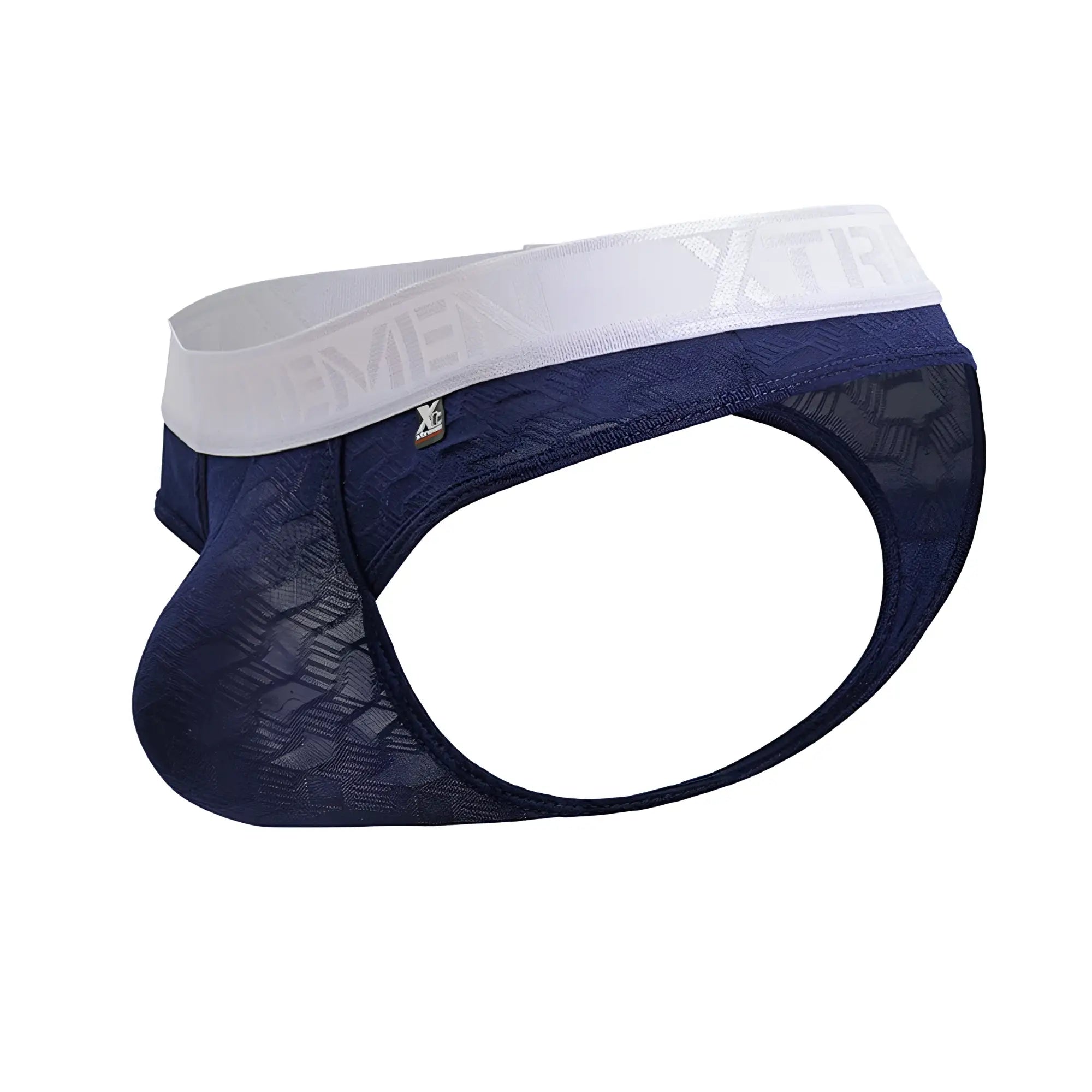 Dark blue xtremen 91241 microfiber thongs with textured mesh and white elastic waistband featuring xtreme logo
