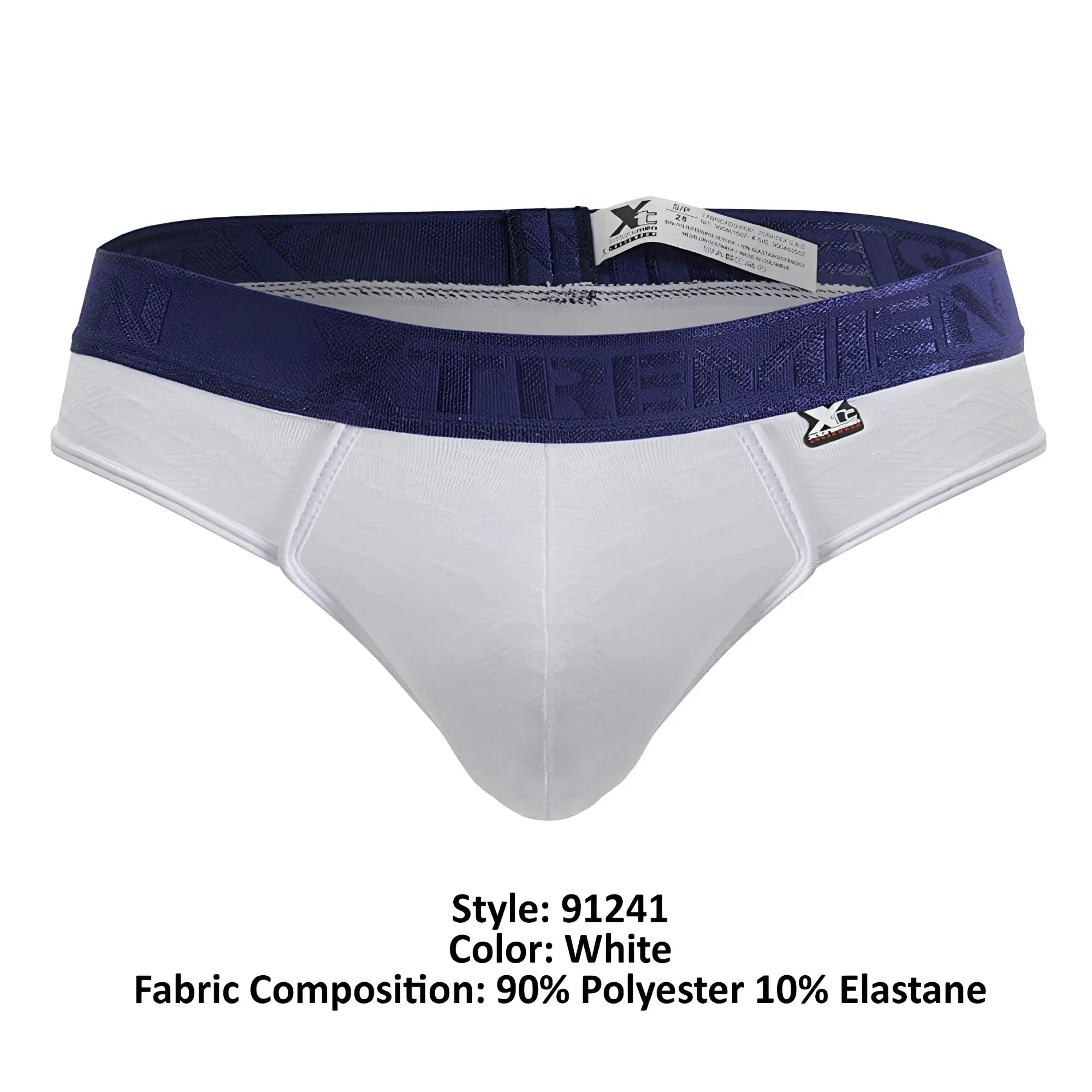 White xtremen 91241 microfiber thongs with navy blue waistband and embroidered brand emblem