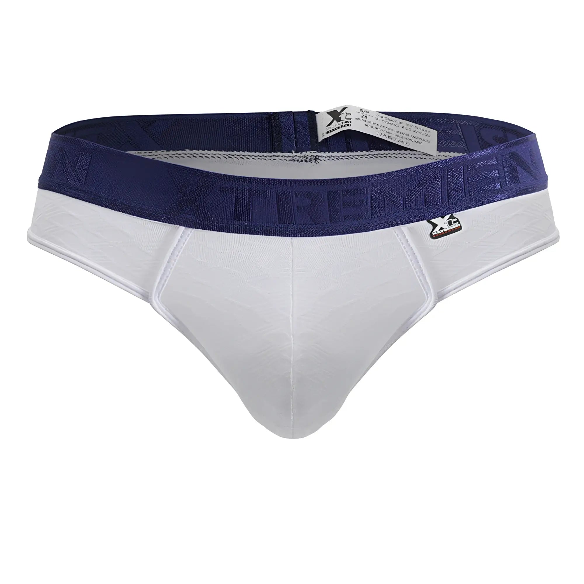 White and navy blue xtremen 91241 microfiber thongs with textured waistband featuring xtreme logo