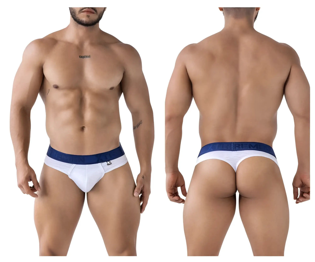 Xtremen 91241 microfiber thongs in white with white and navy blue snug fit briefs featuring urem waistband