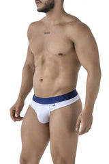Xtremen 91241 microfiber thongs in white with navy blue briefs and contrasting elastic waistband for a snug fit
