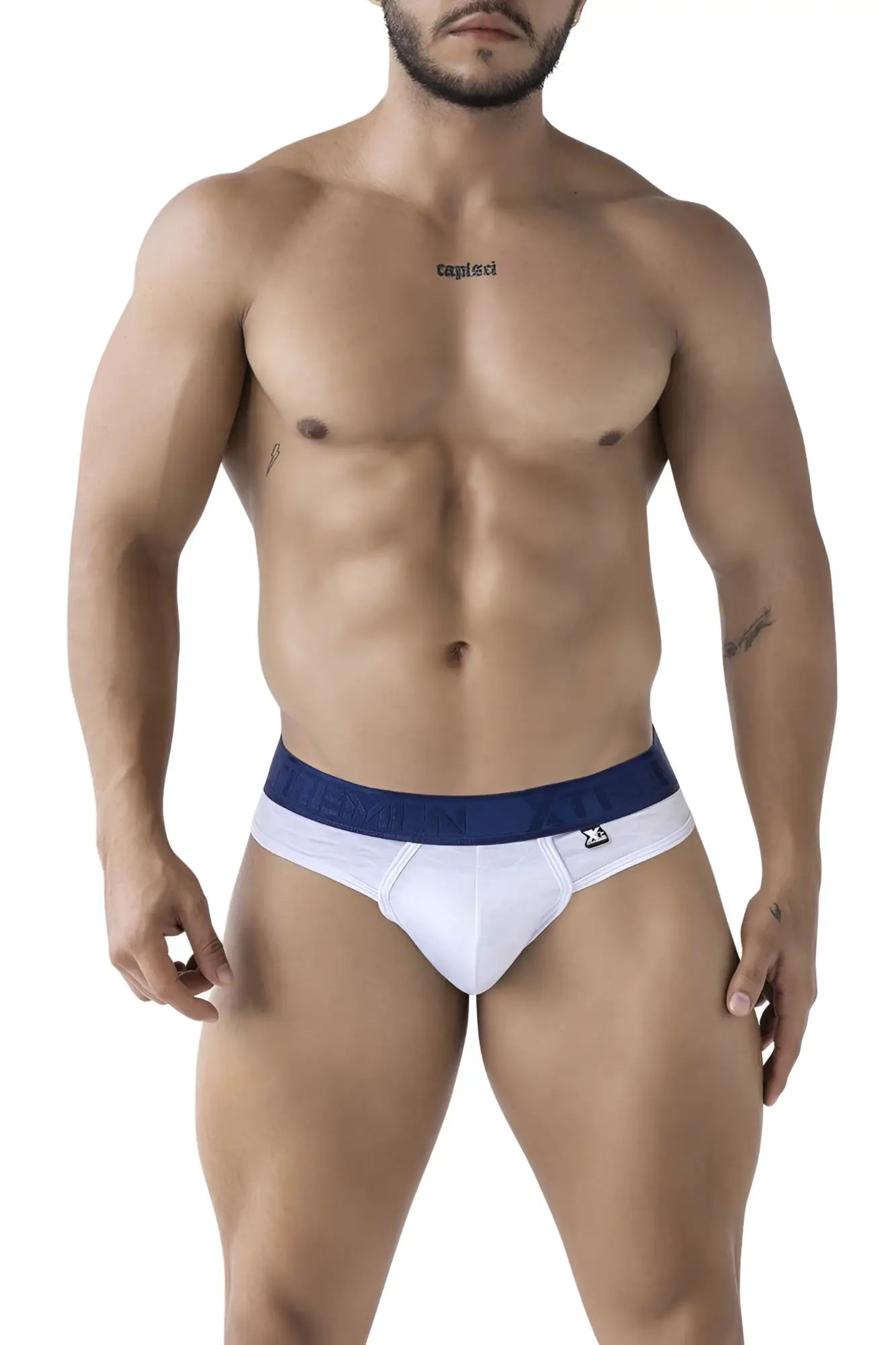 White microfiber briefs with navy blue waistband featuring capri branding from xtremen 91241 microfiber thongs