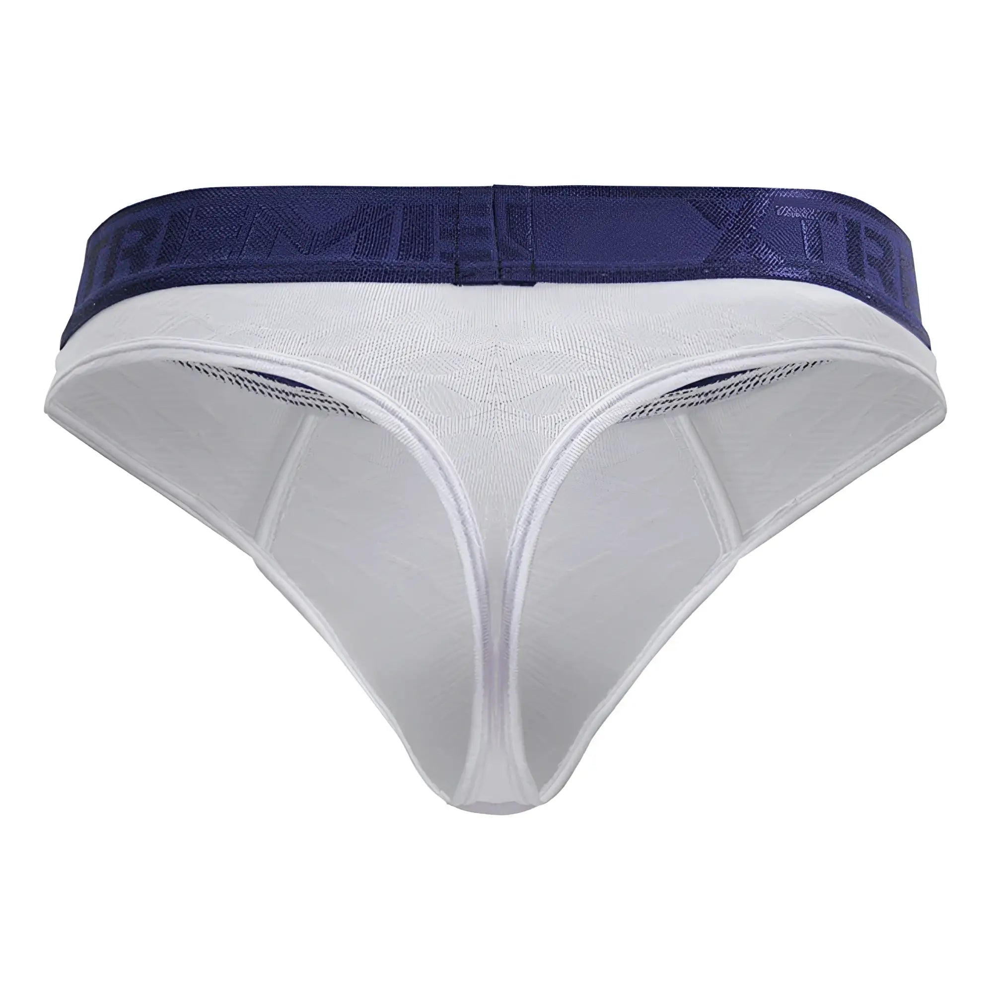 White microfiber thong with a navy blue supreme logo elastic waistband xtremen 91241 product view