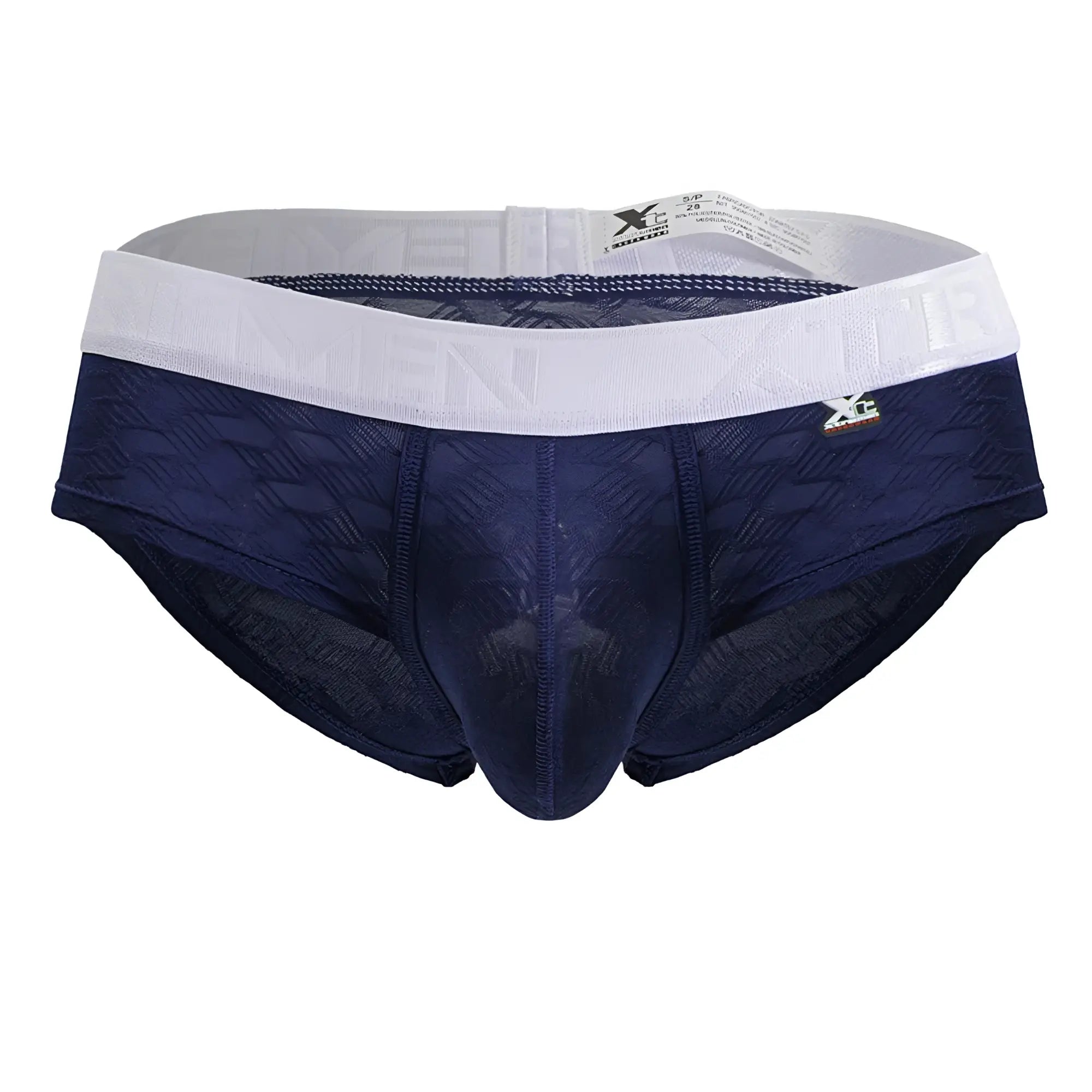 Navy blue textured men’s microfiber briefs with white elastic waistband and gold xc branding from xtremen 91242