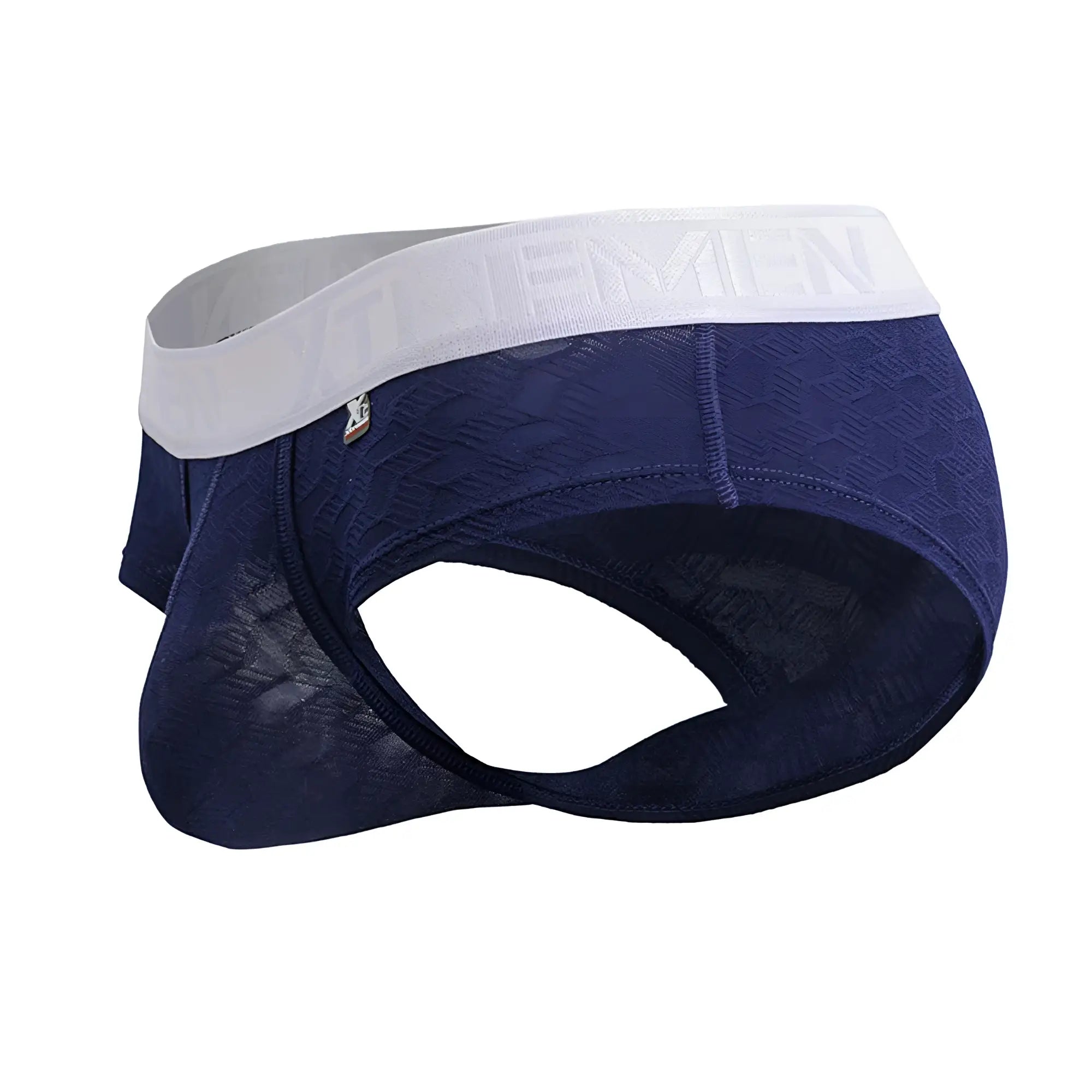 Navy blue textured xtremen 91242 microfiber men’s briefs with white elastic waistband featuring xtrememen branding