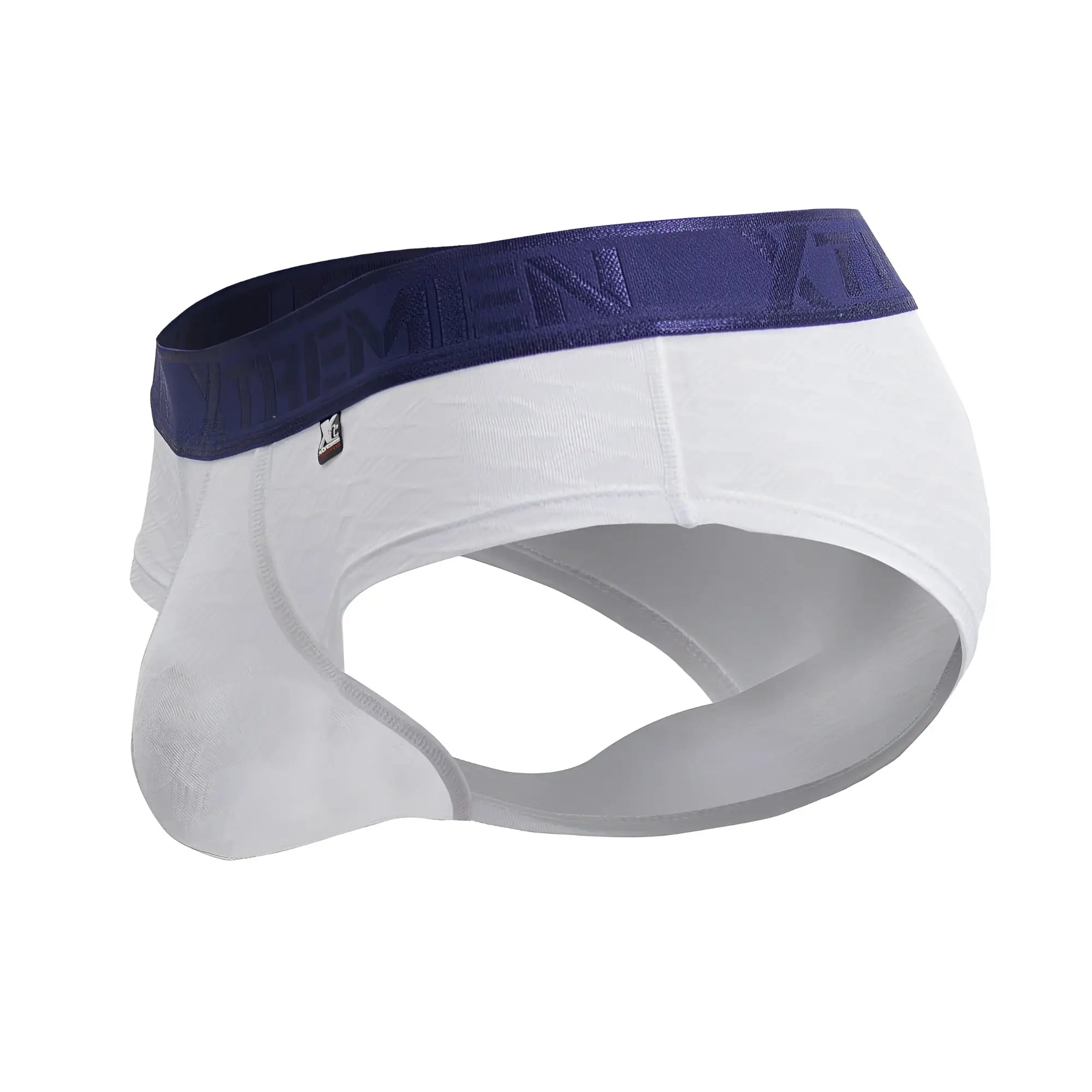 White yxmen xtremen 91242 microfiber briefs with navy blue waistband embossed branding in white lettering