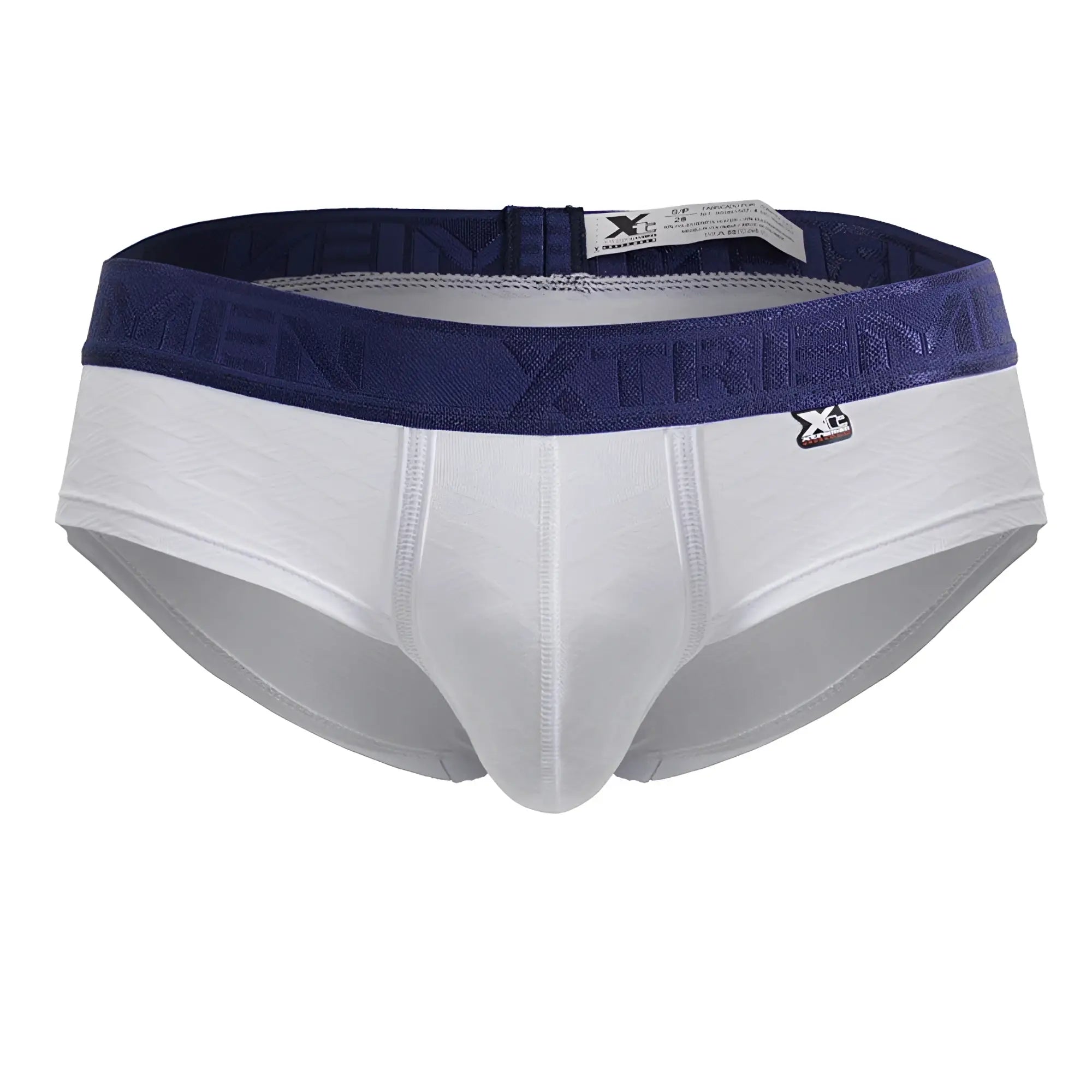 White xtremen 91242 microfiber briefs with navy blue elastic waistband and raised logo for comfortable support