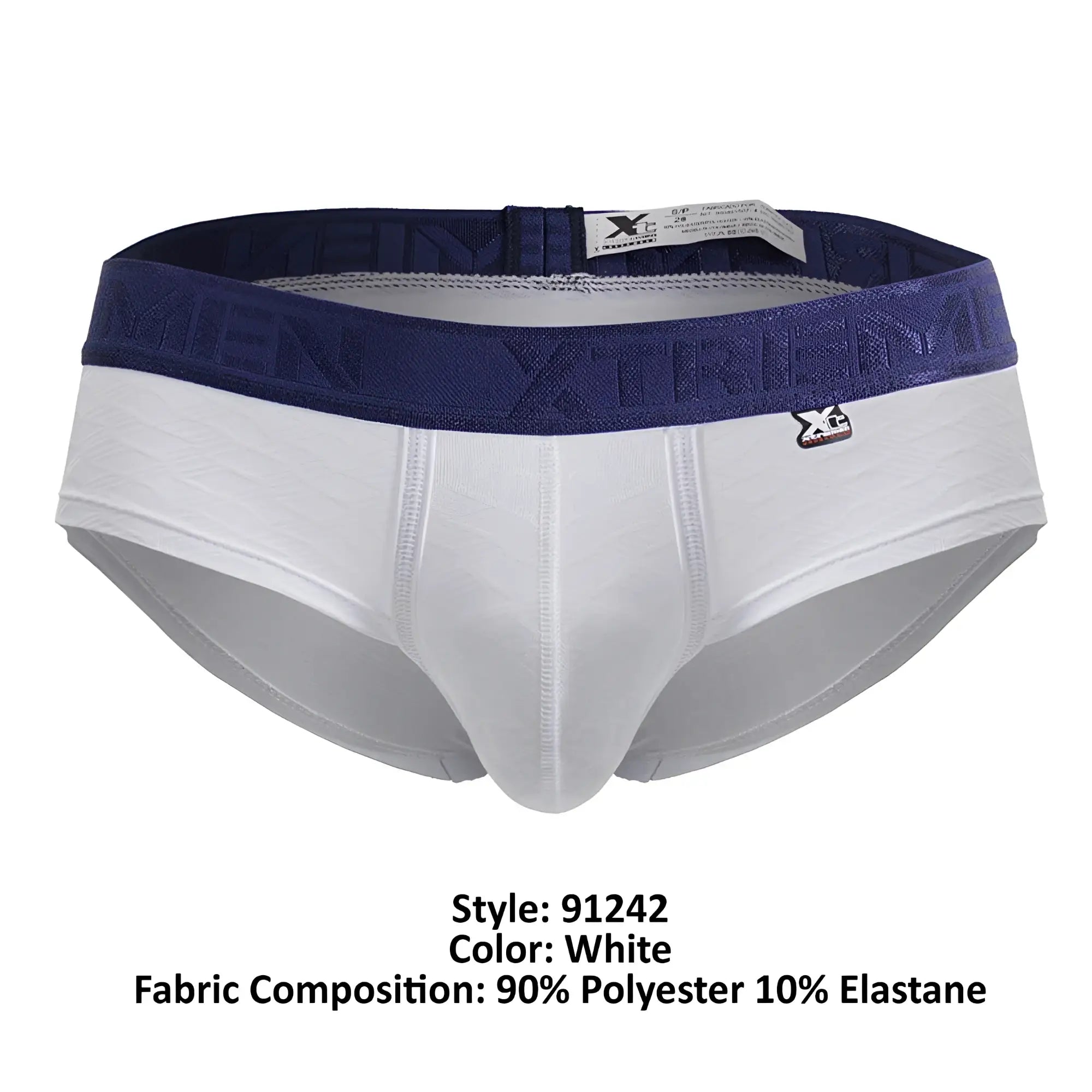 White xtremen 91242 microfiber men’s briefs with navy blue waistband and raised xtreme logo detailing