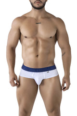 White xtremen 91242 microfiber briefs with navy blue waistband featuring salvatore branding in white lettering