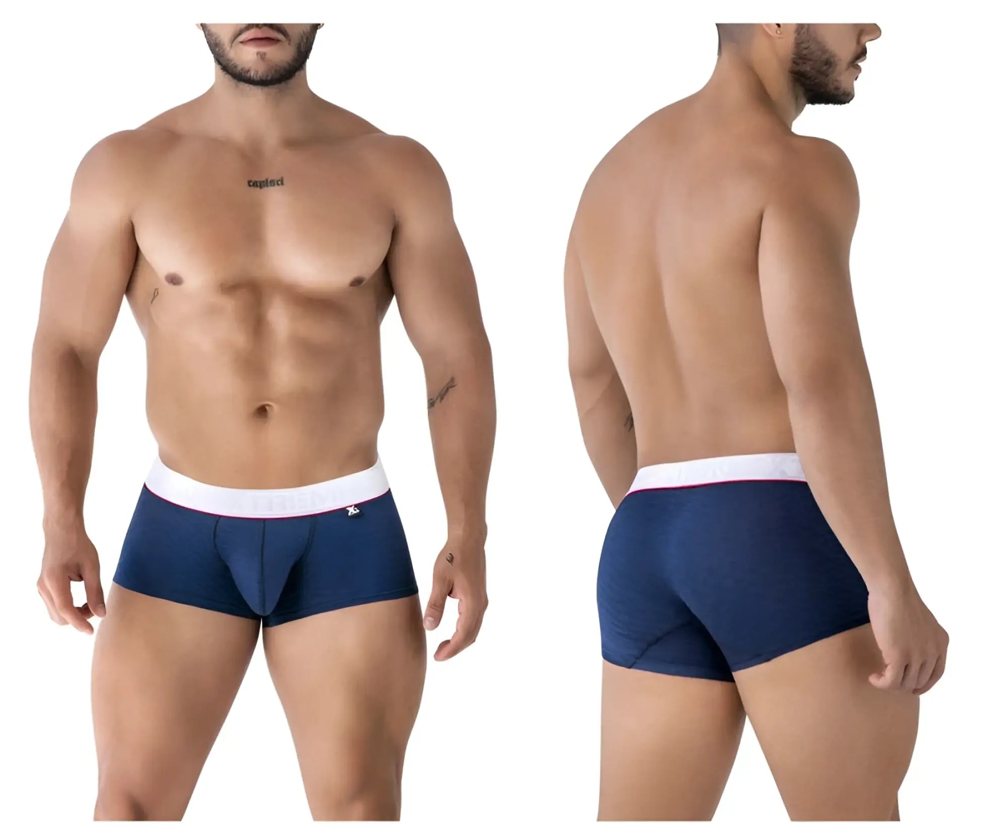 Navy blue Xtremen 91243 microfiber trunks with white waistband and red trim featuring a small front logo