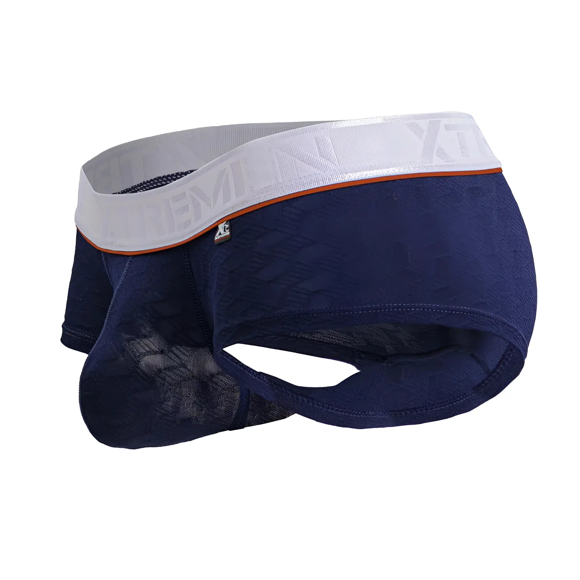Navy blue microfiber Xtremen 91243 trunks with lace trim and white elastic waistband with orange branding trim