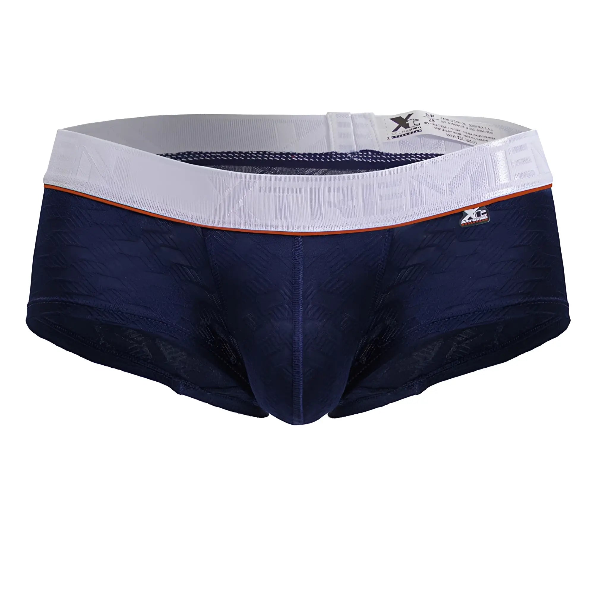 Navy blue microfiber xtremen 91243 men’s briefs with lace trim and white waistband featuring xtreme logo and orange stripe