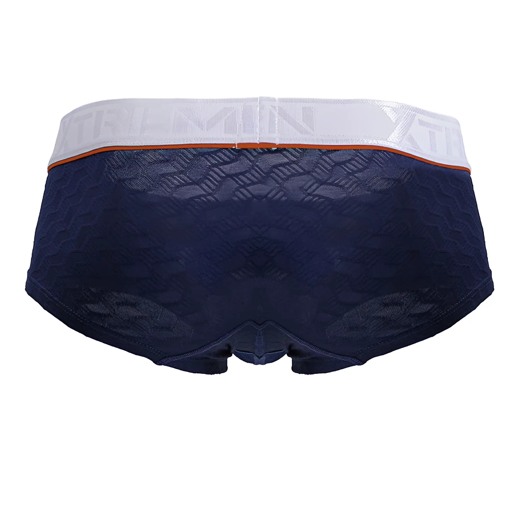 Navy blue xtremen 91243 microfiber trunks with lace trim and white elastic waistband with orange accent stripe