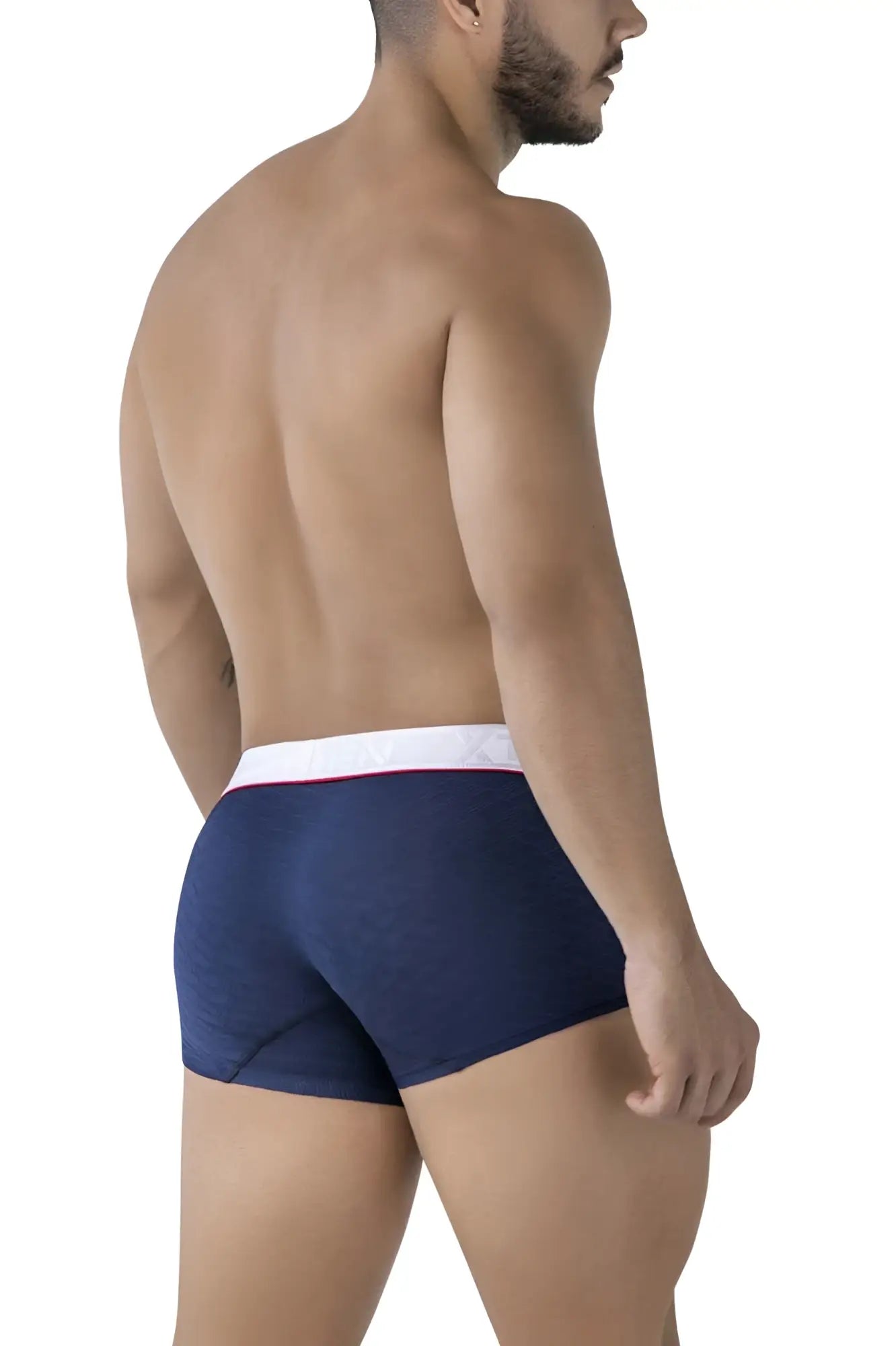 Navy blue Xtremen 91243 microfiber trunks with white waistband and thin red stripe detail in front view