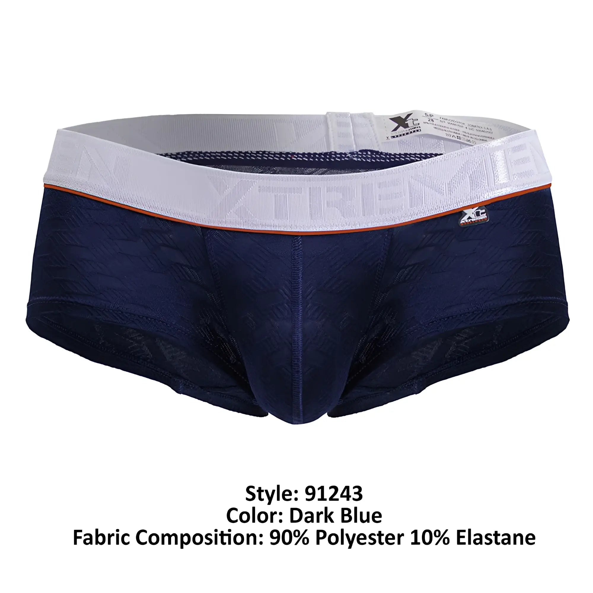 Dark blue xtreme microfiber men’s briefs with white elastic waistband featuring xtreme logo and orange trim