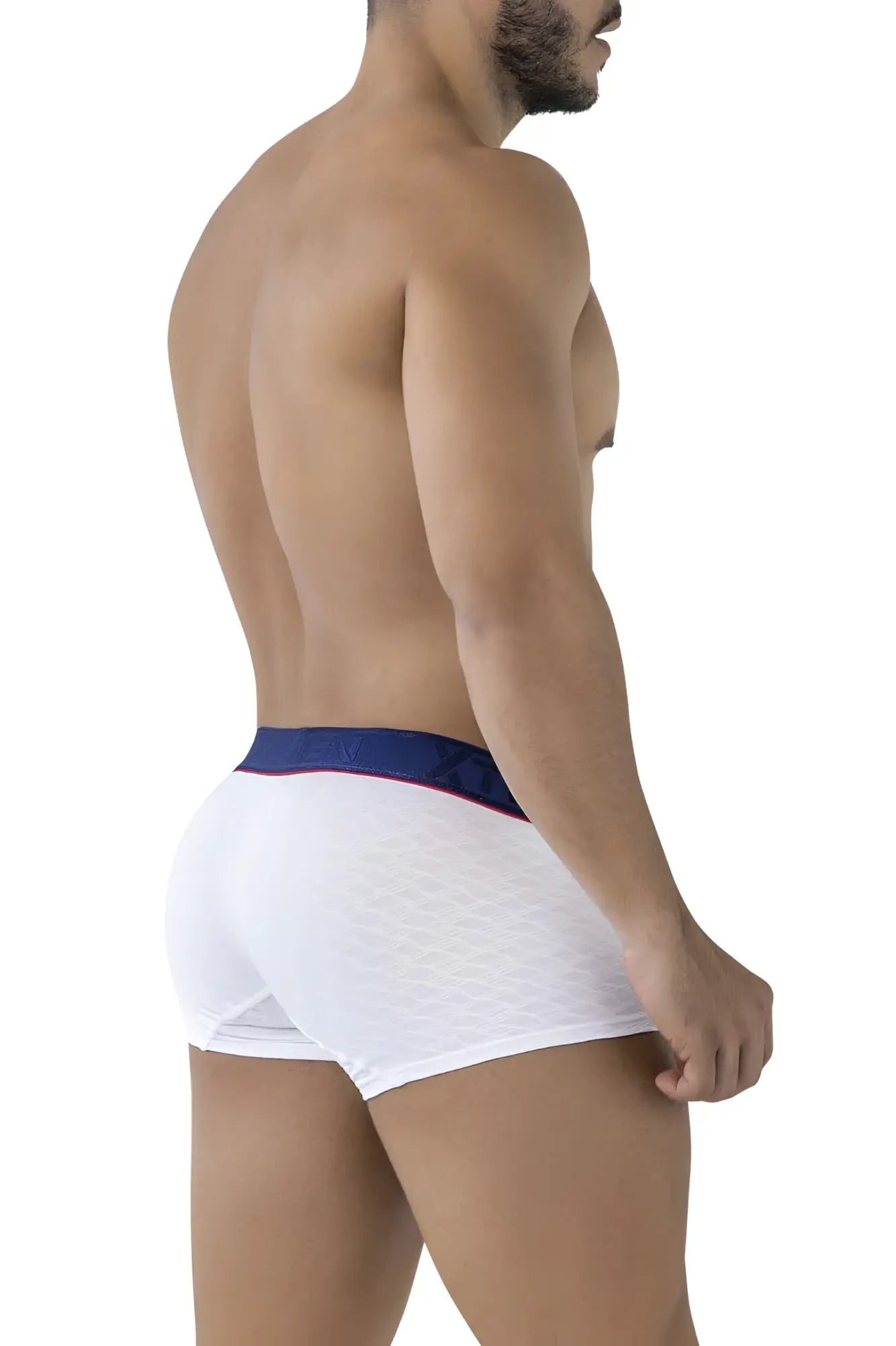 Xtremen 91243 microfiber white boxer briefs with navy blue waistband and red trim for comfortable support