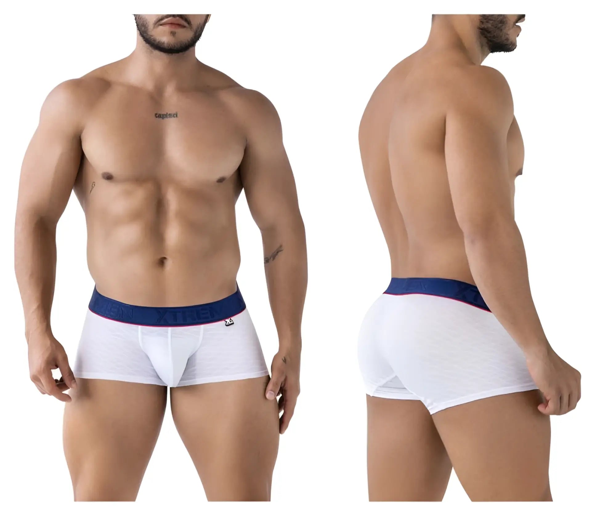 White xtremen 91243 microfiber trunks boxer briefs with navy waistband red trim and freedom brand name in white letters
