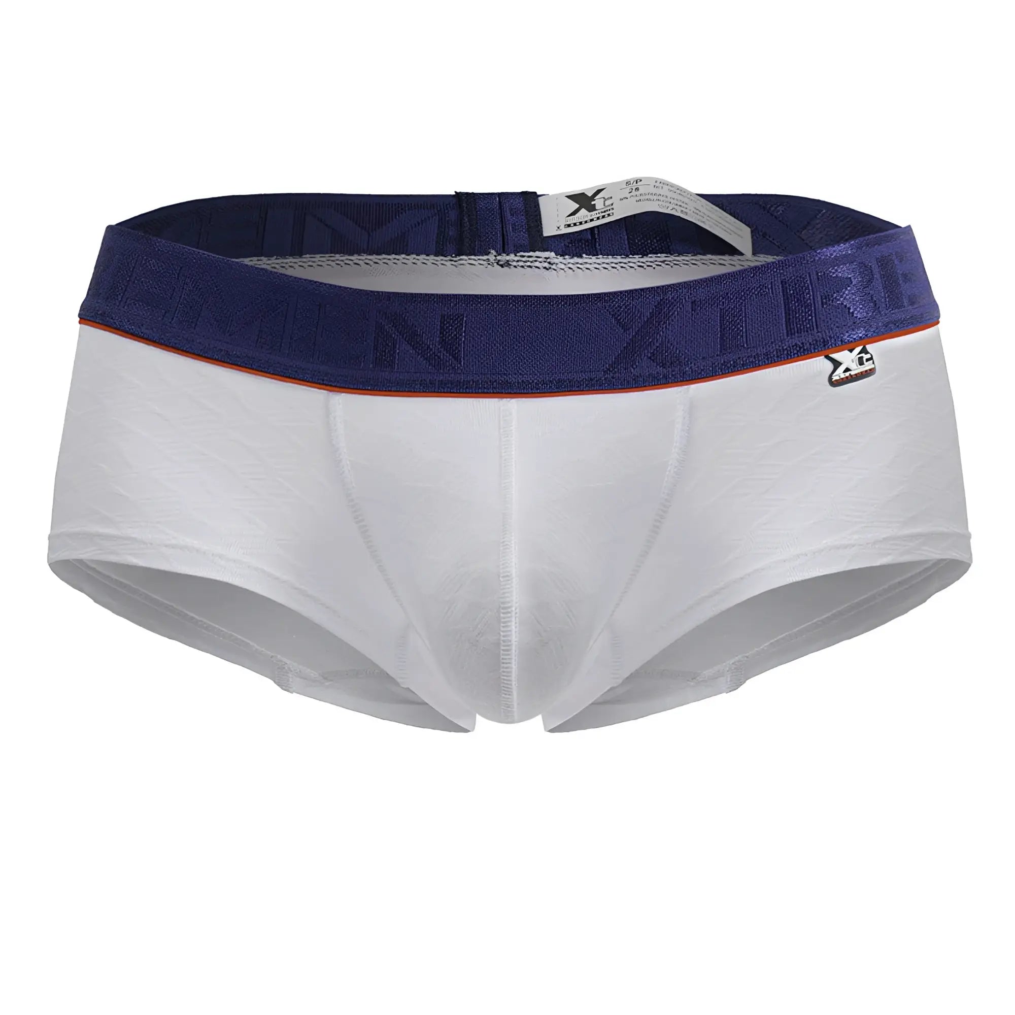 White xtremen 91243 microfiber trunks with navy blue elastic waistband embossed logo and orange trim briefs