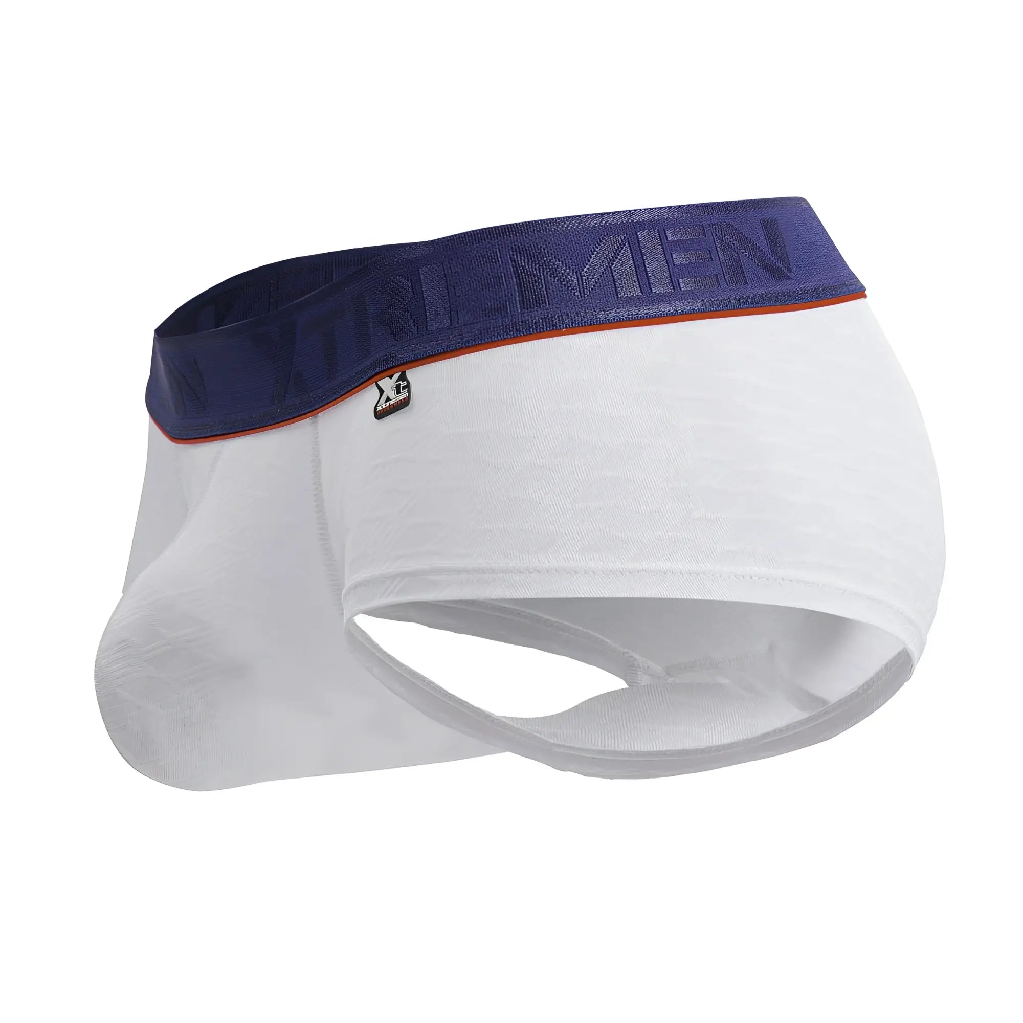 White xtremen 91243 microfiber trunks with navy blue waistband, orange trim, and xg logo briefs for men
