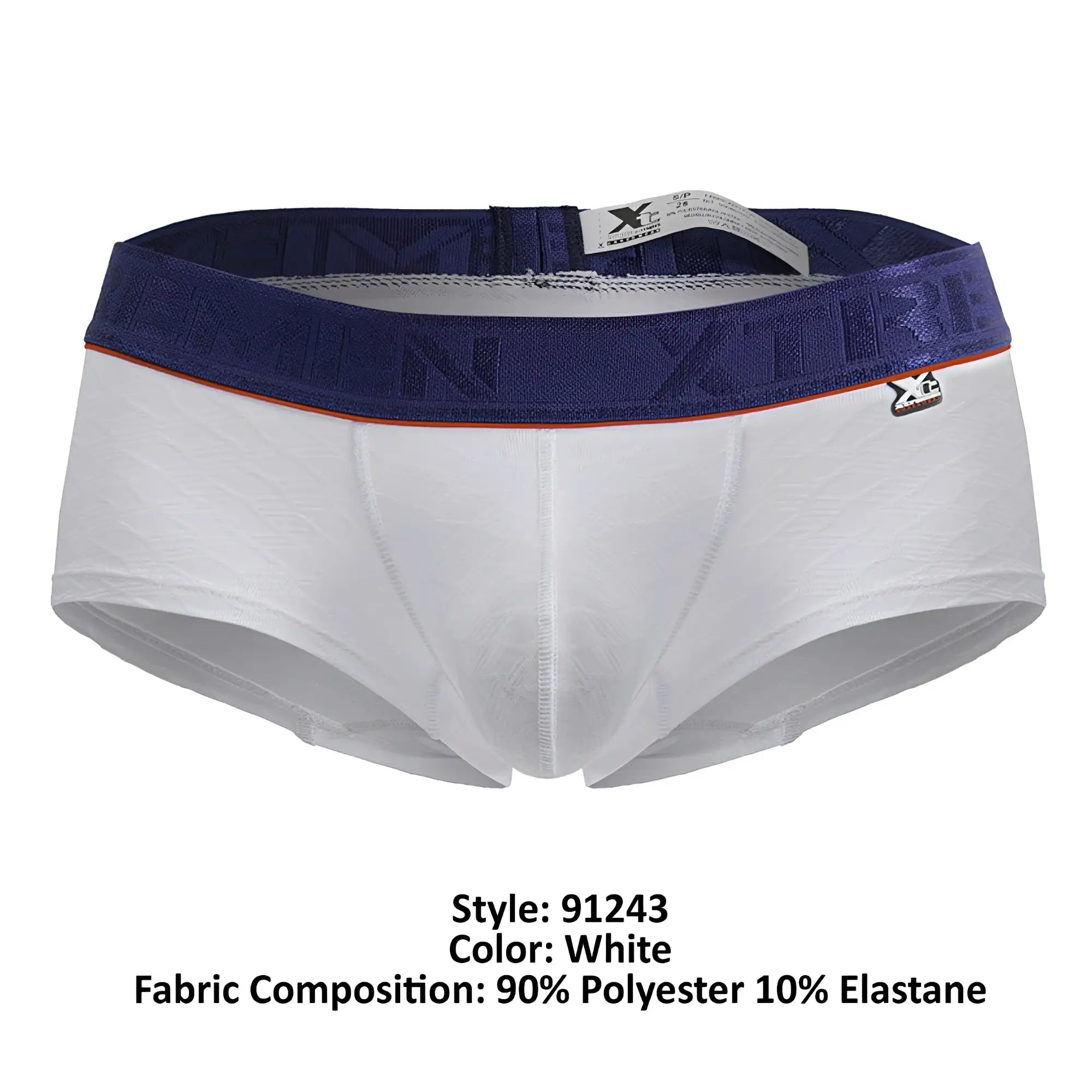 White xtremen 91243 microfiber trunks with navy blue embossed logo waistband and orange trim in men’s briefs style