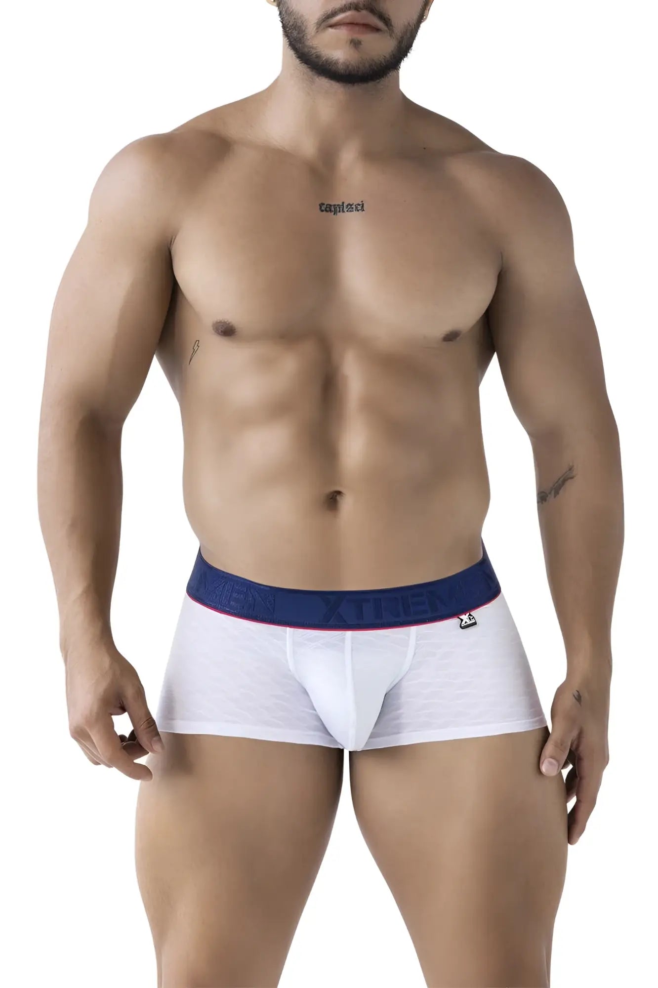 White xtremen 91243 microfiber trunks with navy waistband featuring brand name and logo on lower right leg