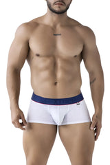 White xtremen 91243 microfiber trunks with navy waistband featuring brand name and logo on lower right leg
