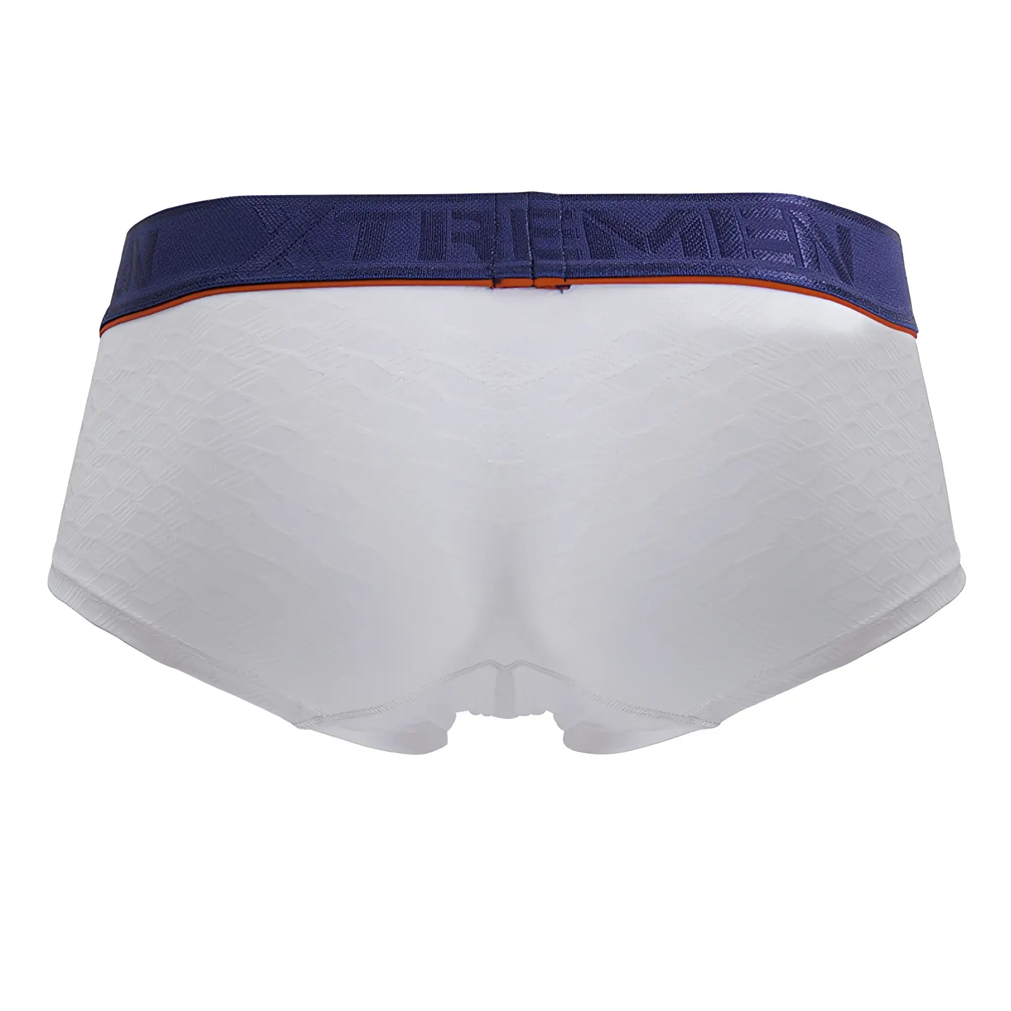 White textured men’s briefs with a navy blue xtrememen waistband and orange trim microfiber trunks color white