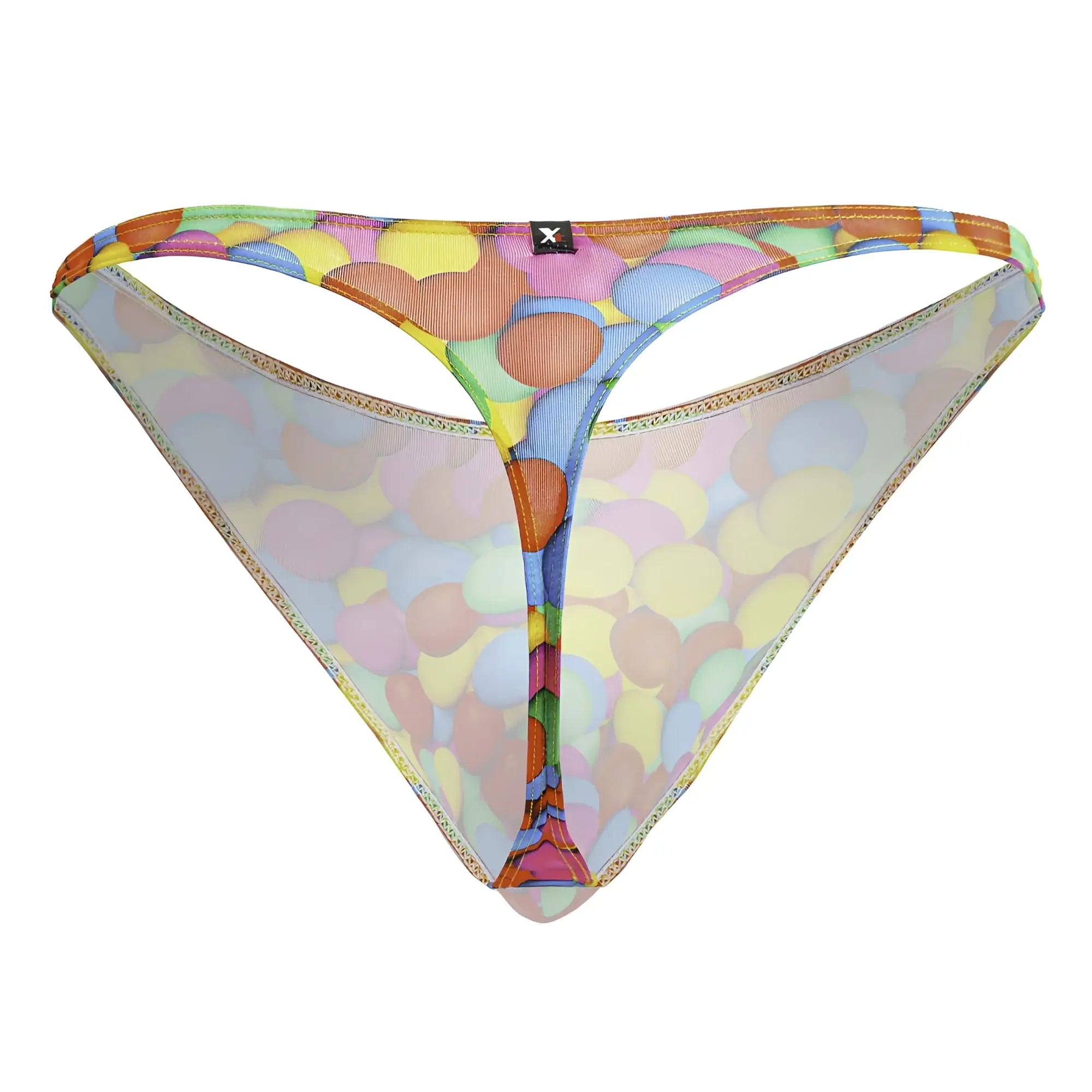 Colorful balloon-patterned mesh thong with gold-trimmed edge and black logo tag xtremen 91247 printed thongs color bubbles