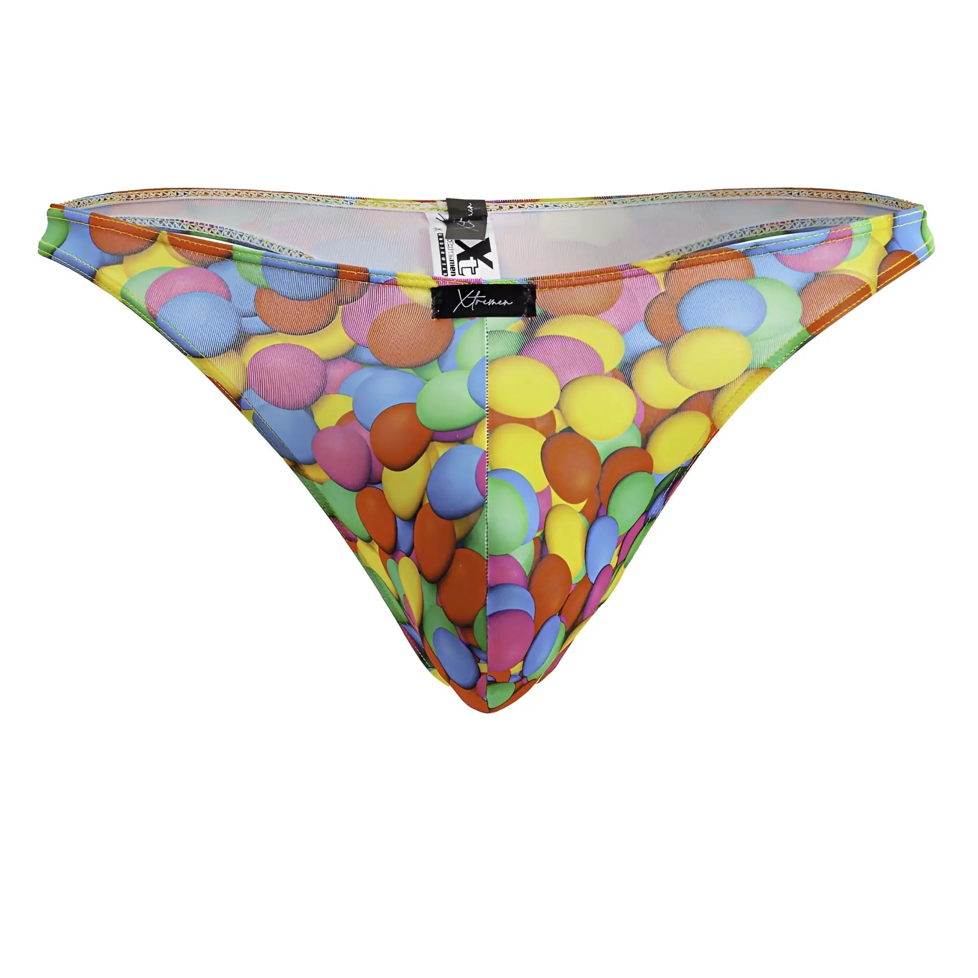Colorful candy-themed mesh thong with playful multicolored pastel and bright hues in xtremen 91247 color bubbles