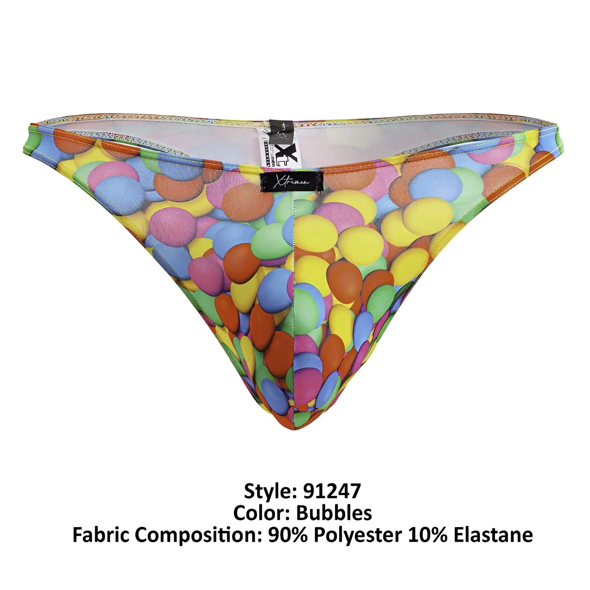 Xtremen 91247 colorful candy-themed thong with vibrant multicolored bubble pattern in stretchy polyester elastane fabric
