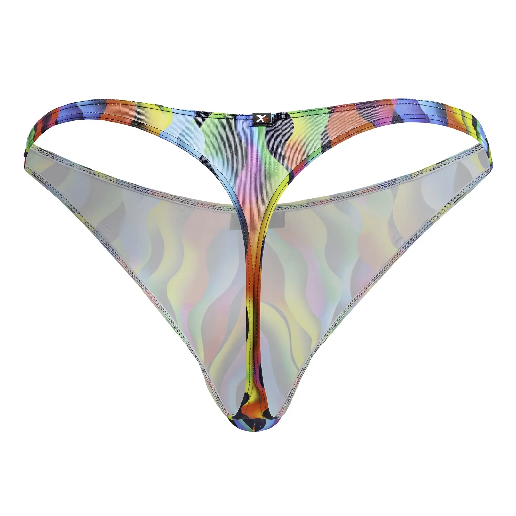 Xtremen 91247 printed thong with rainbow holographic color waves and iridescent wave design with black logo waistband