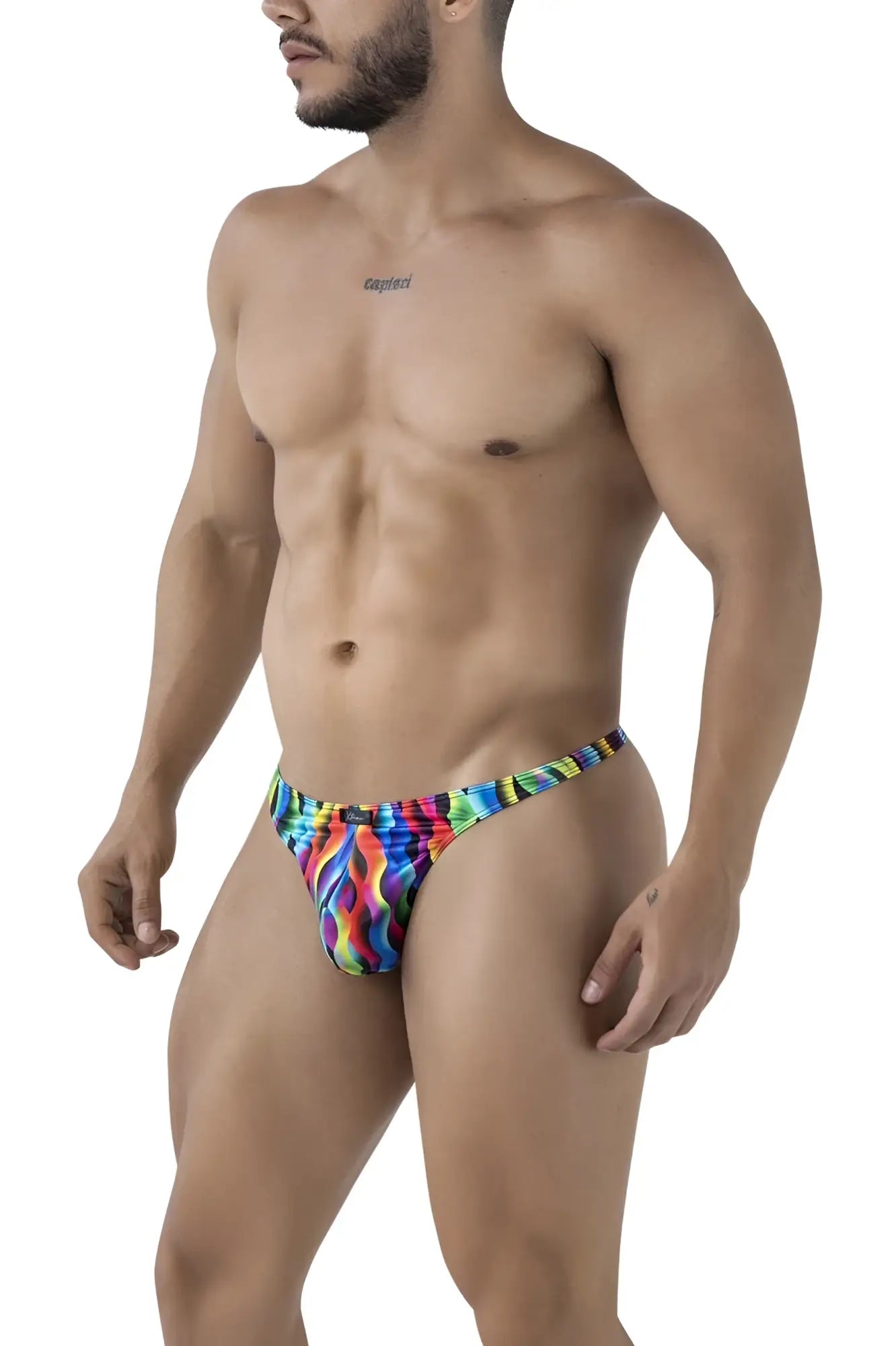 Xtremen 91247 printed thongs color waves vibrant rainbow flame-patterned snug form-fitting men’s briefs front view
