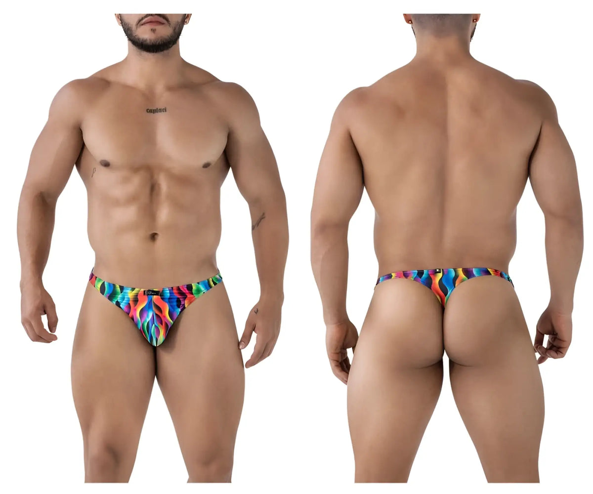 Xtremen 91247 printed thongs color waves vibrant rainbow flame-patterned men’s thong in stretchy fabric front view