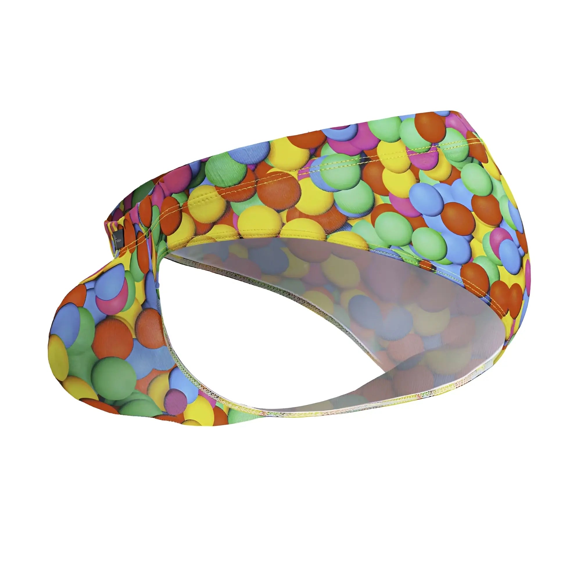 A vibrant stretchy visor with a playful multicolored gumball pattern in yellow green blue orange and pink from Xtremen 91248 Color Bubbles