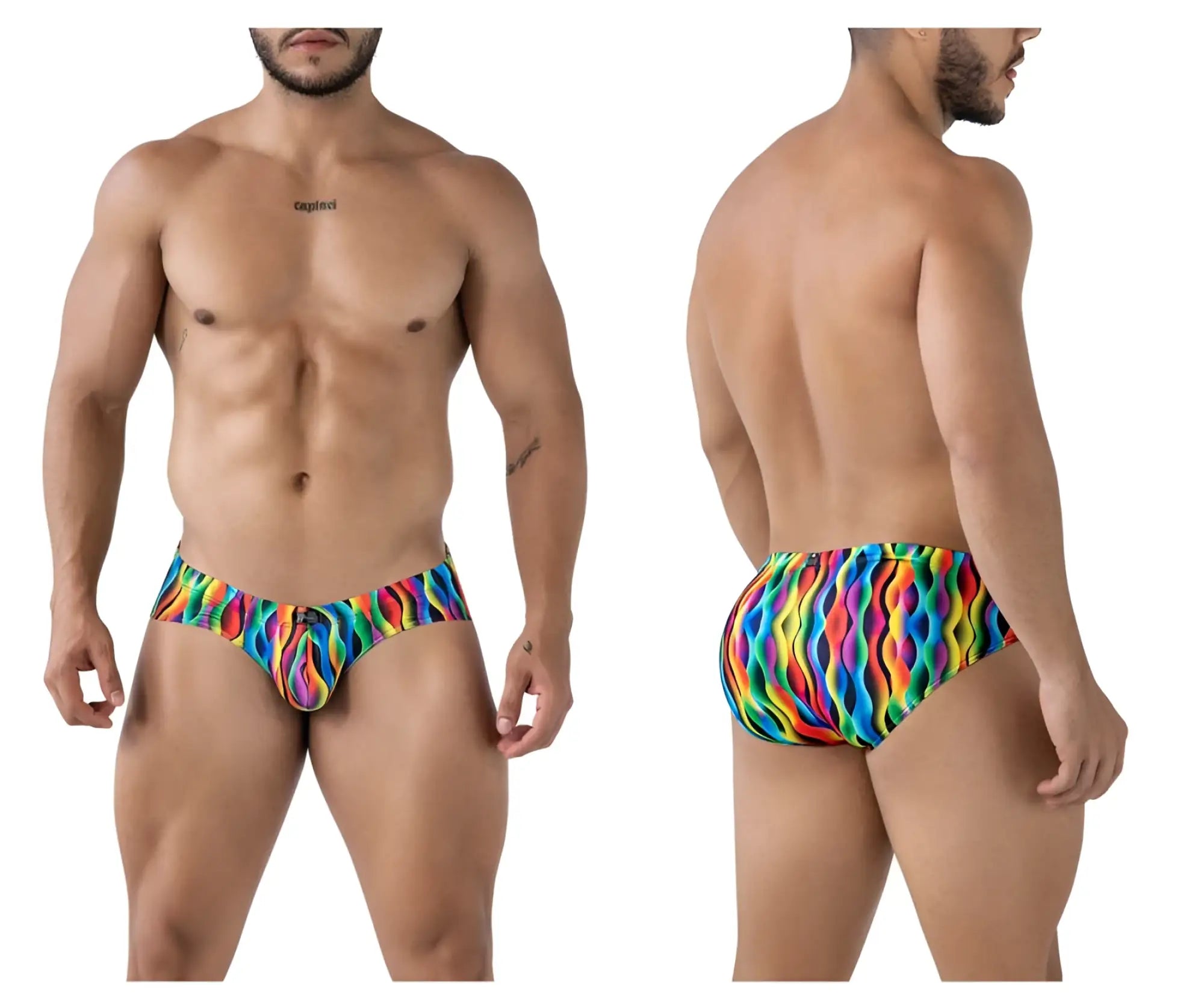 Vibrant rainbow wave patterned men’s swim trunks xtremen 91248 printed briefs color waves in quick dry fabric