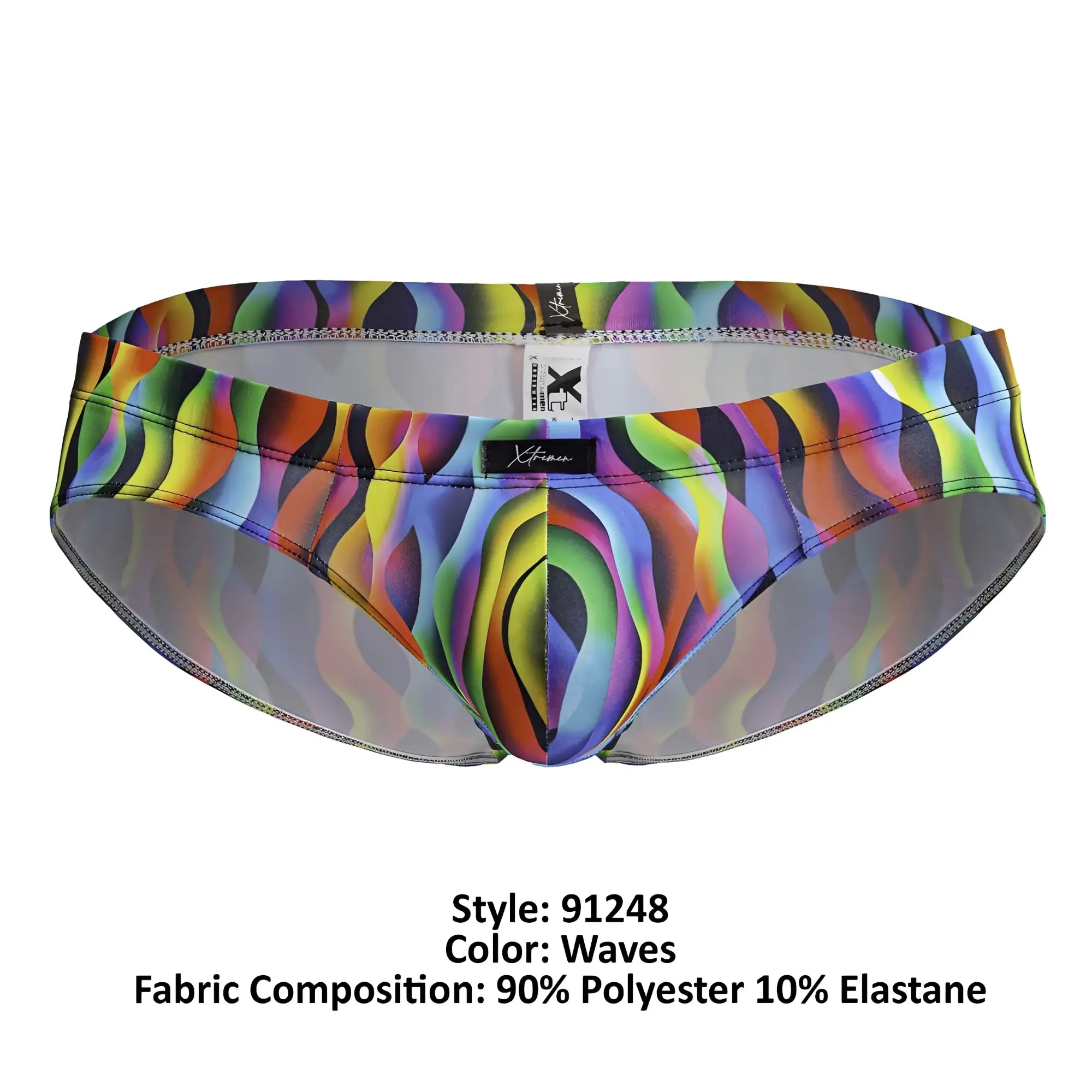 Vibrant rainbow wave-patterned men’s swim trunks in polyester elastane blend with xtreme brand label color waves design
