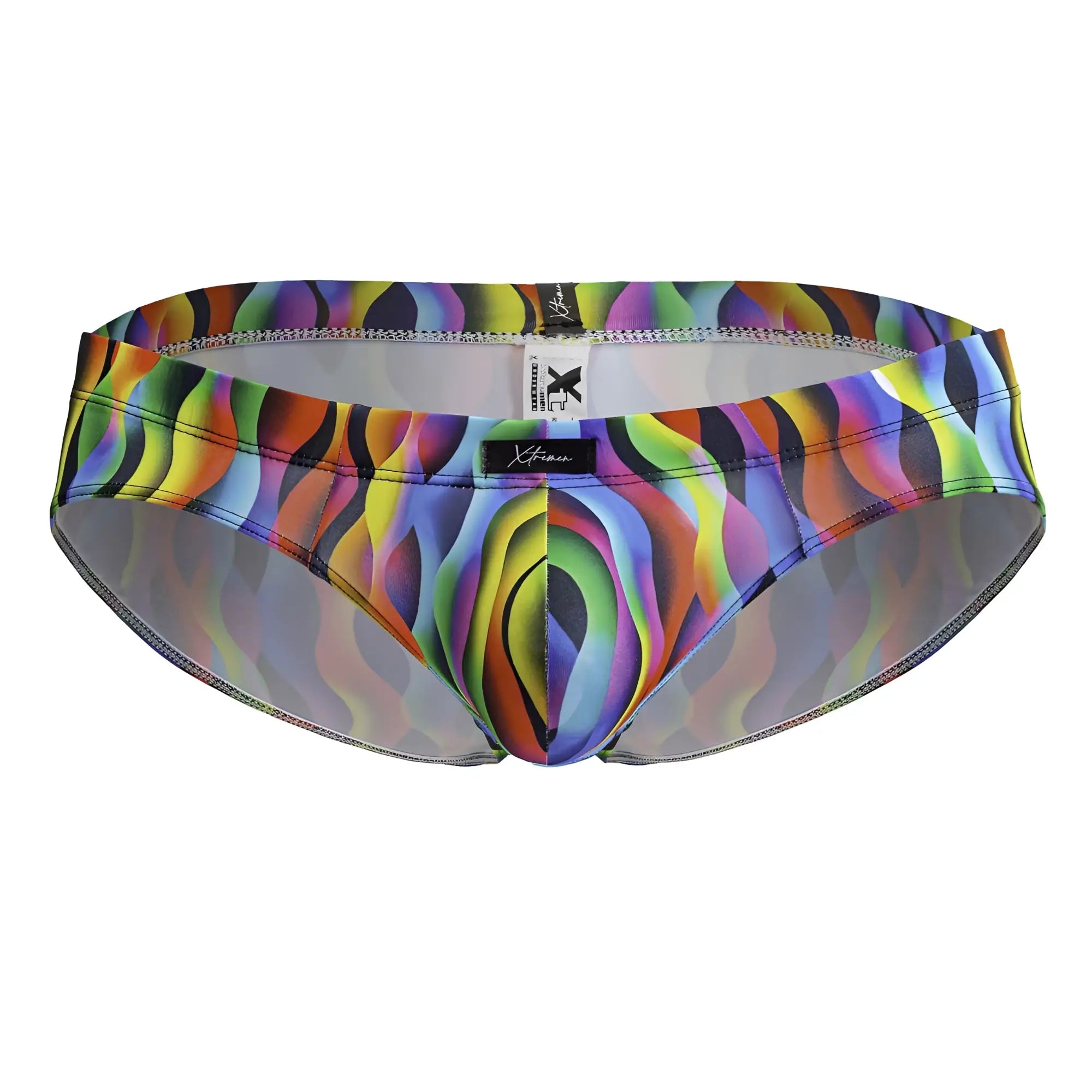 Xtremen 91248 printed briefs in vibrant rainbow wave pattern with sleek form-fitting design for swimwear use