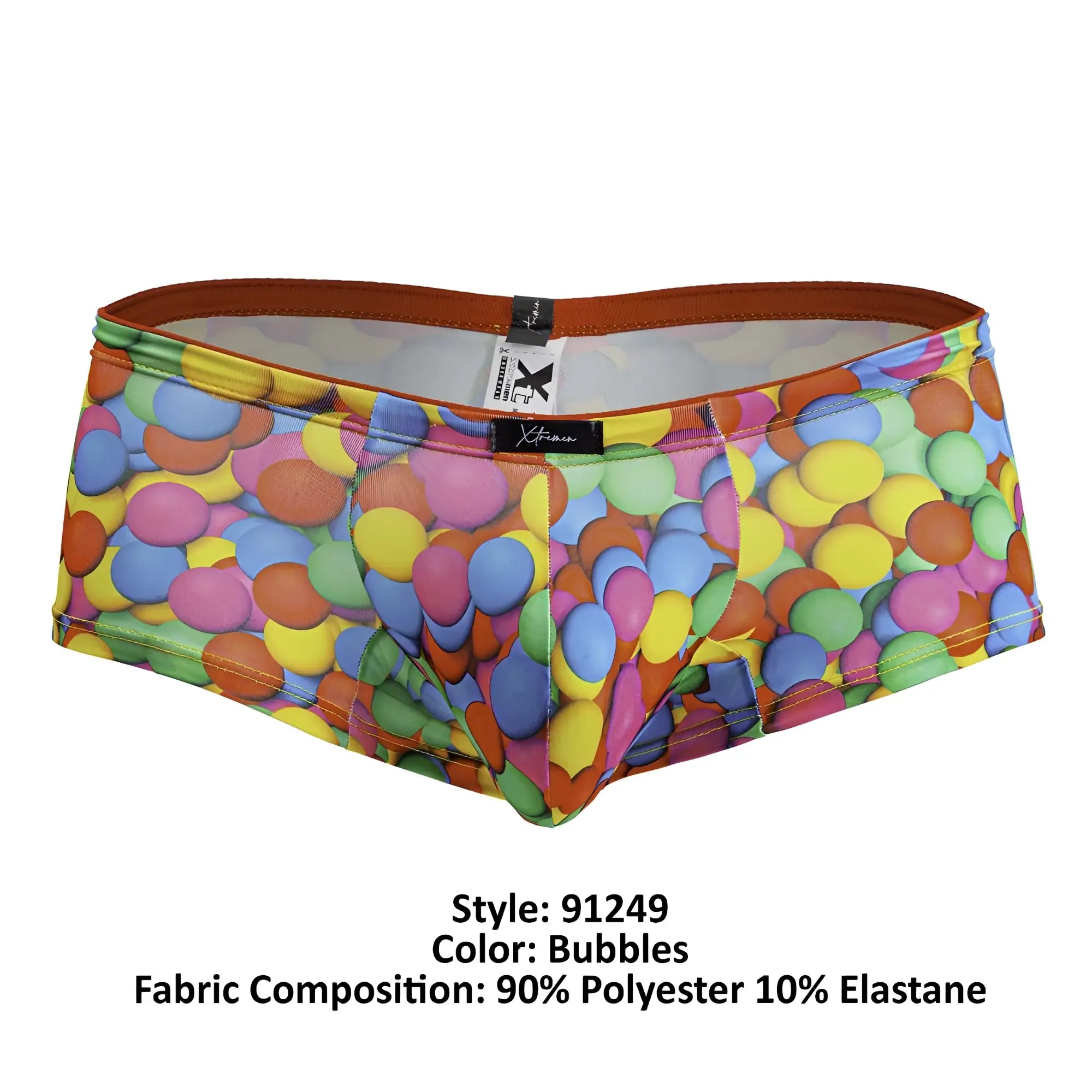 Xtremen 91249 printed trunks color bubbles men’s briefs with colorful bubble pattern and vibrant orange waistband